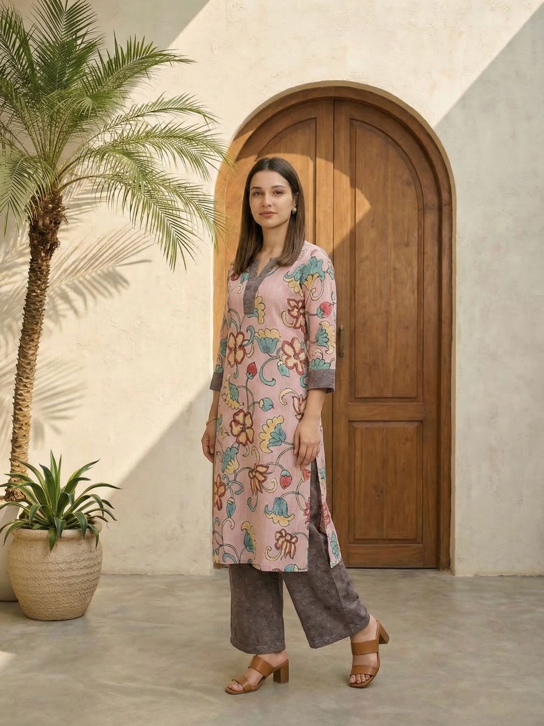 Women red printed cotton kurta co-ord set with trousers