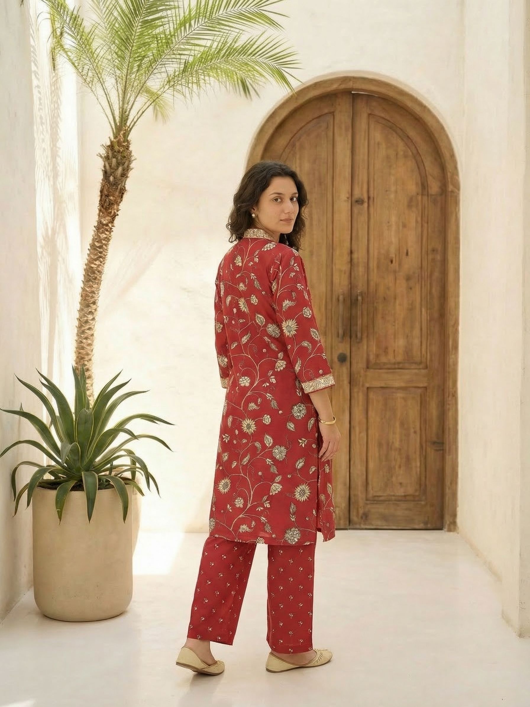 Women red printed cotton kurta co-ord set with trousers