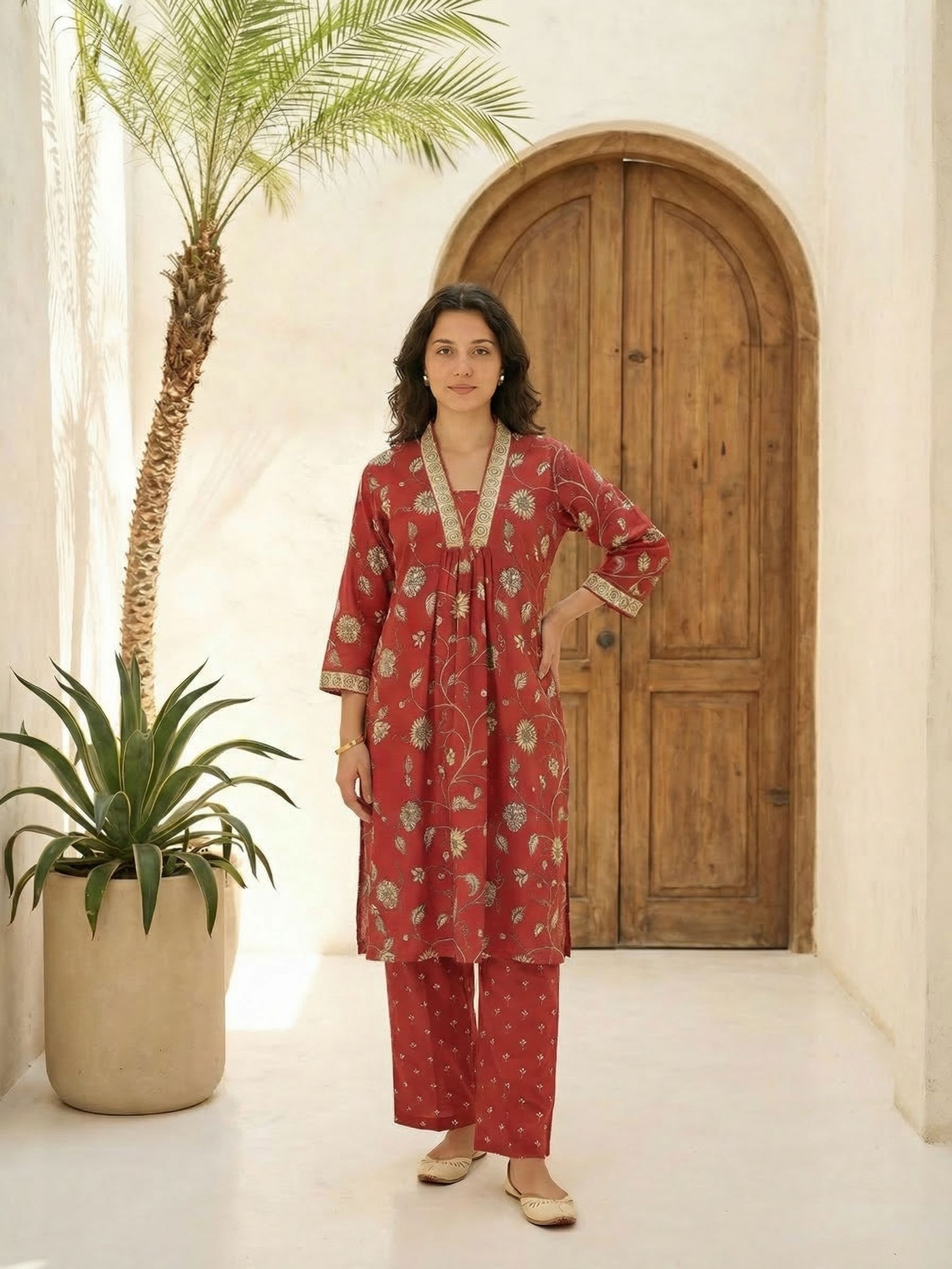 Women red printed cotton kurta co-ord set with trousers