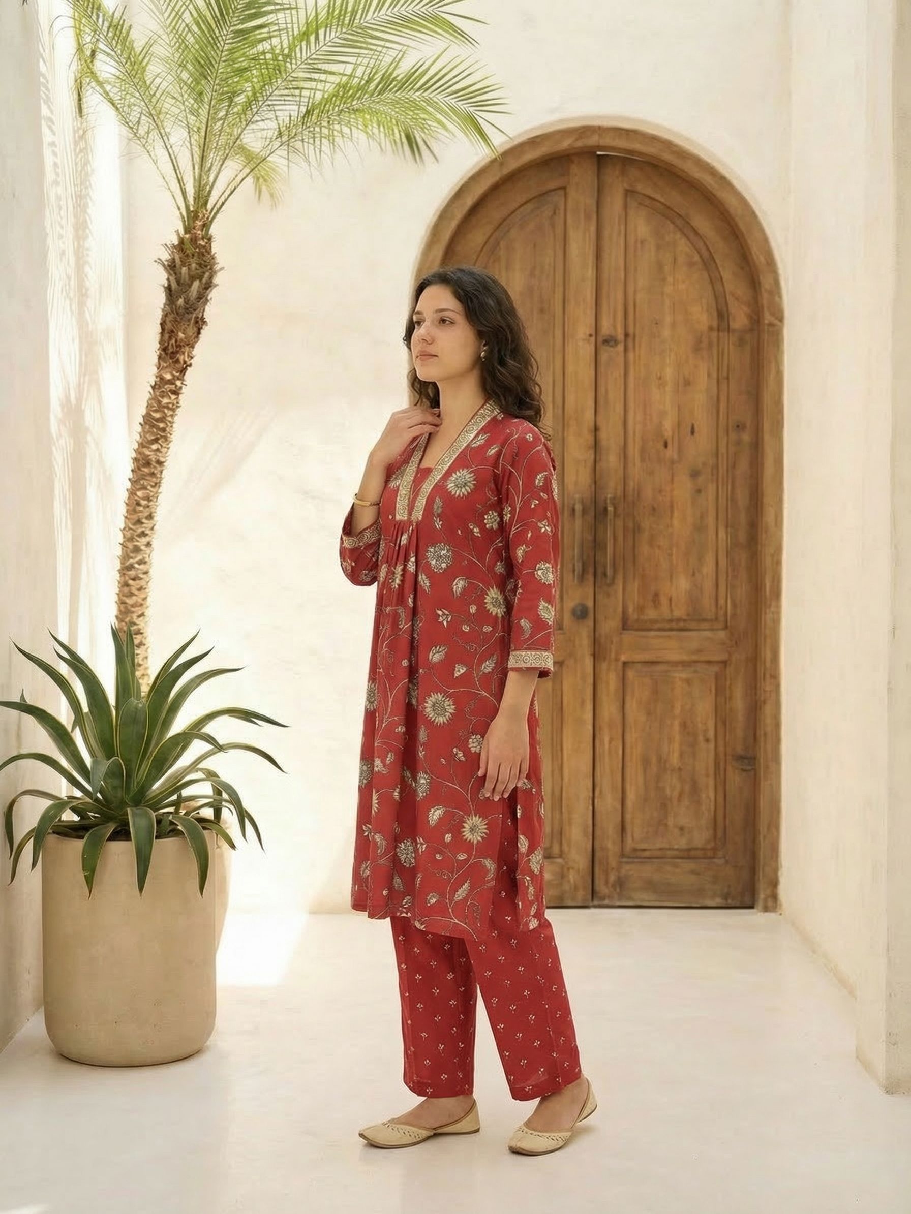 Women red printed cotton kurta co-ord set with trousers