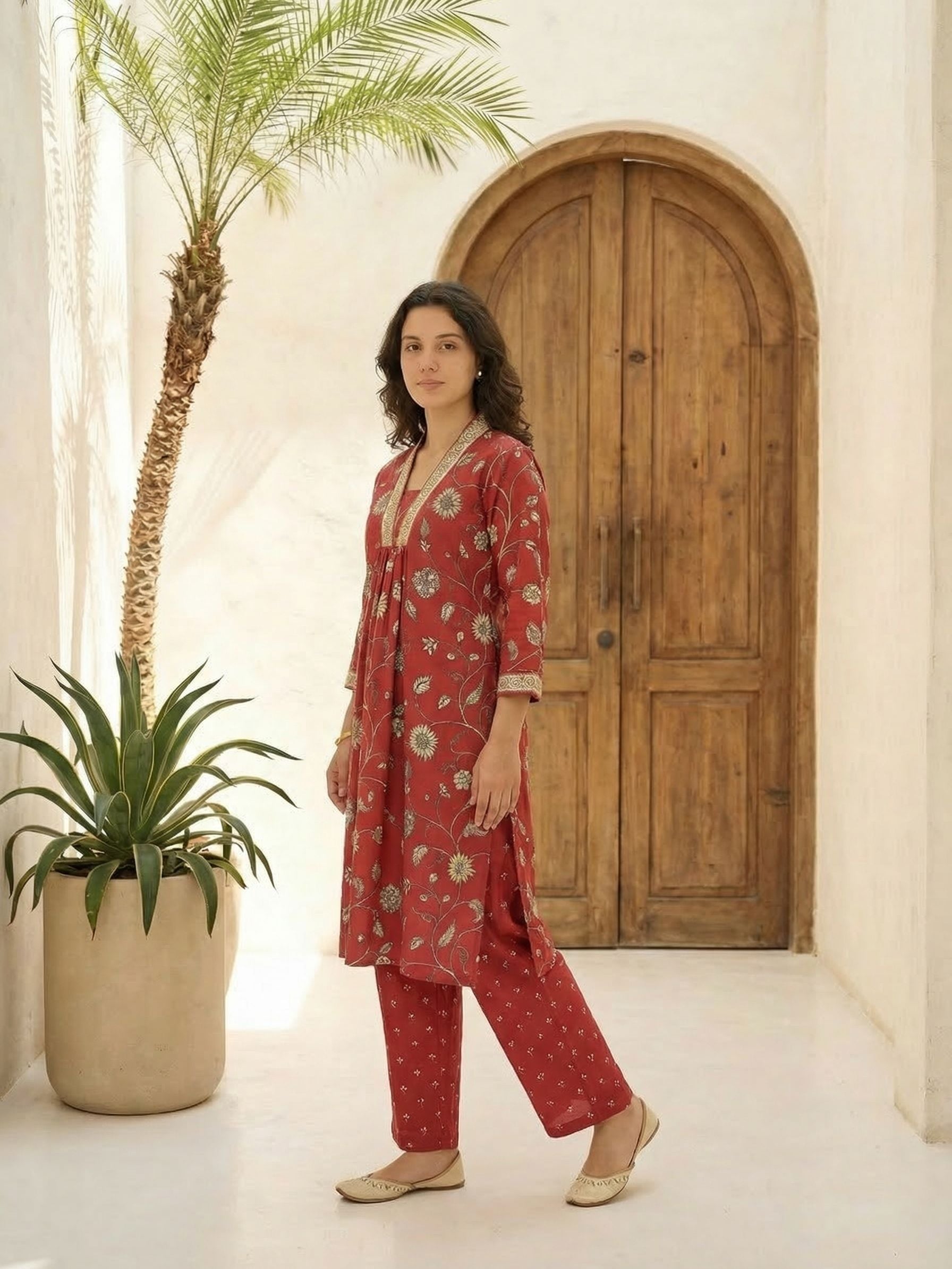 Women red printed cotton kurta co-ord set with trousers