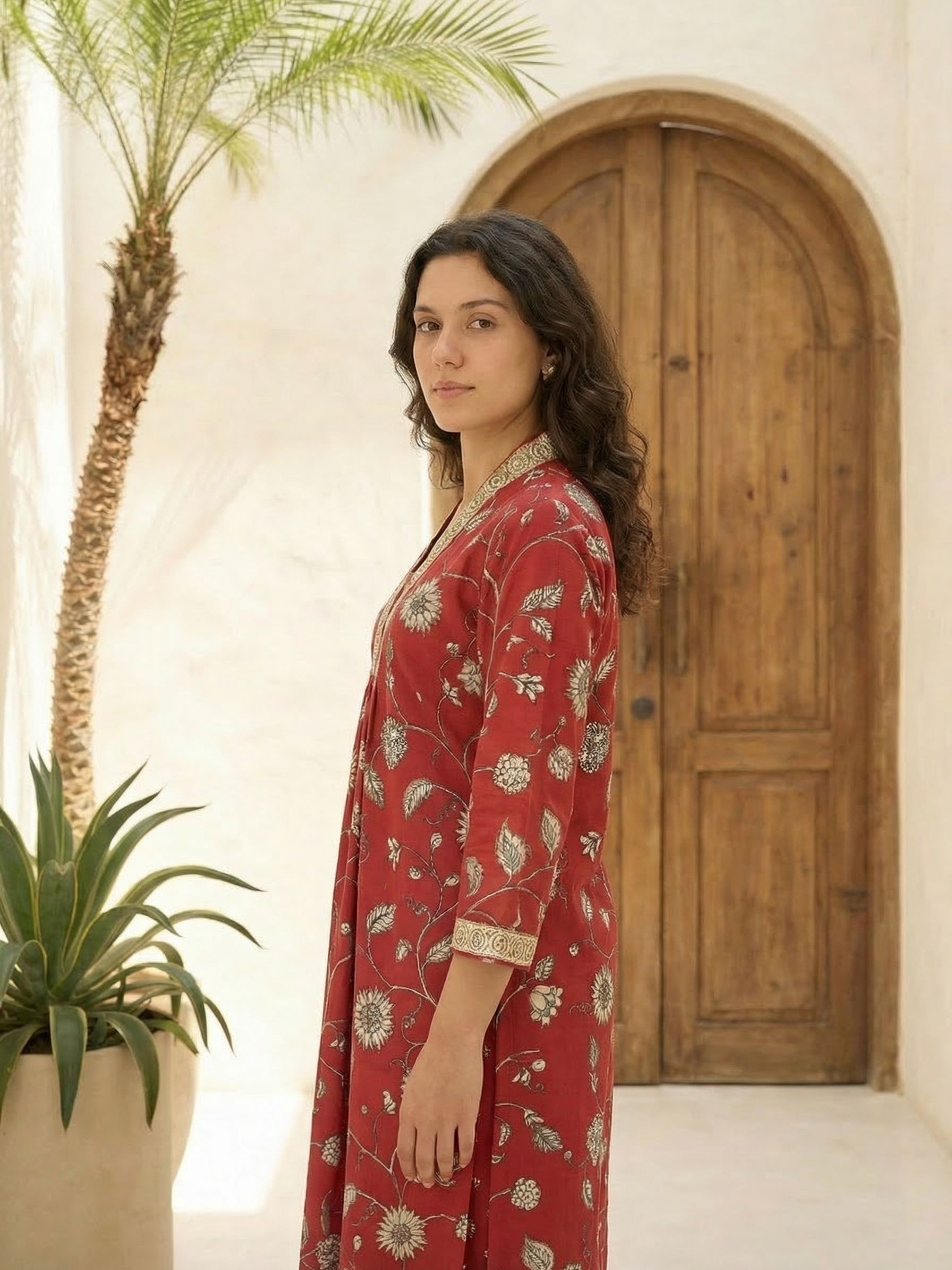 Women red printed cotton kurta co-ord set with trousers