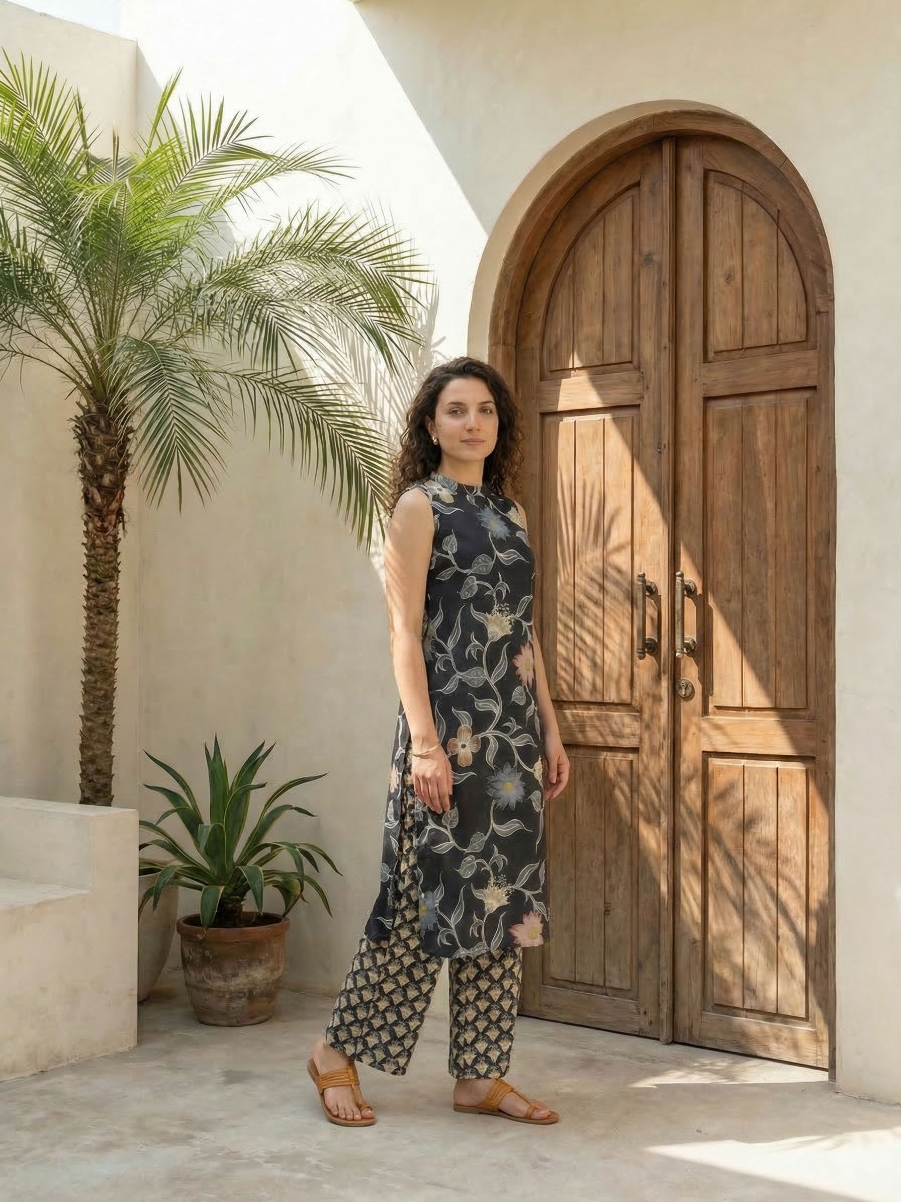 Women red printed cotton kurta co-ord set with trousers