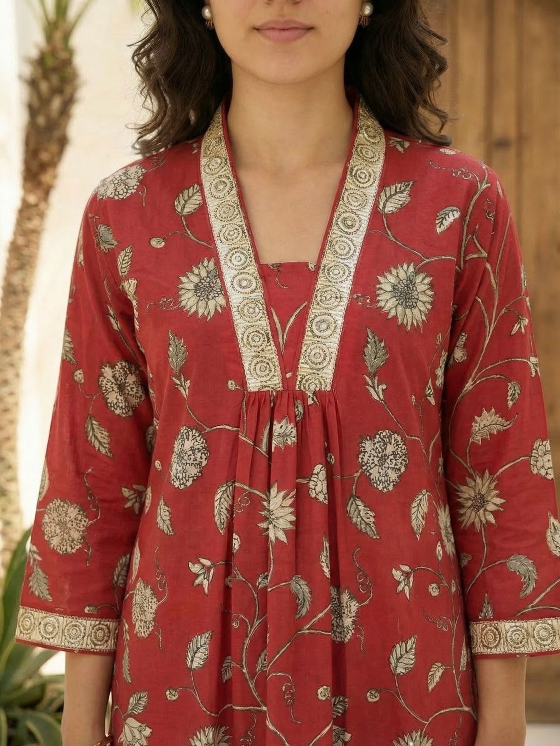 Women red printed cotton kurta co-ord set with trousers
