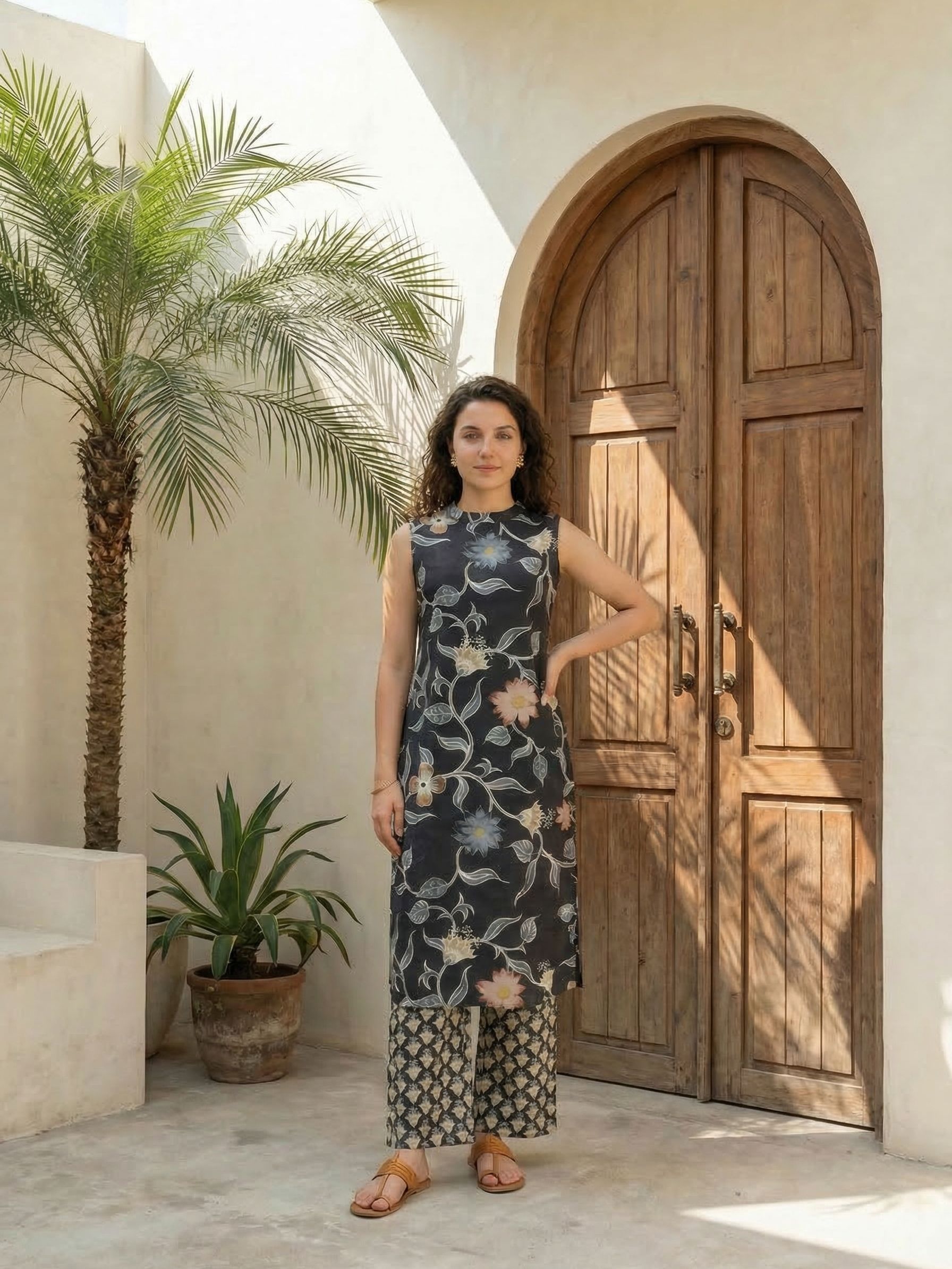 Women red printed cotton kurta co-ord set with trousers