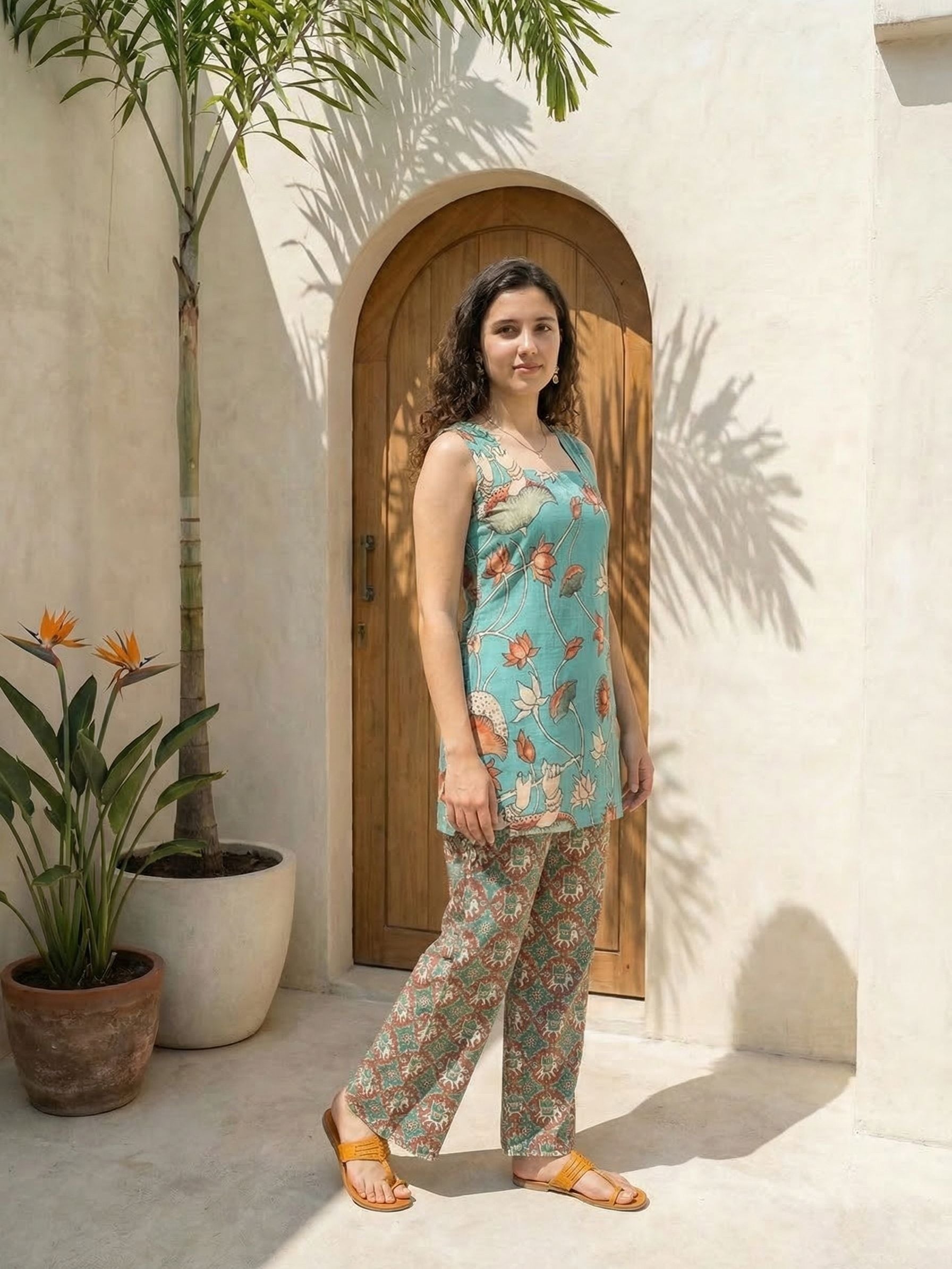 Women pink floral printed soft silk kurta co-ord set with trousers