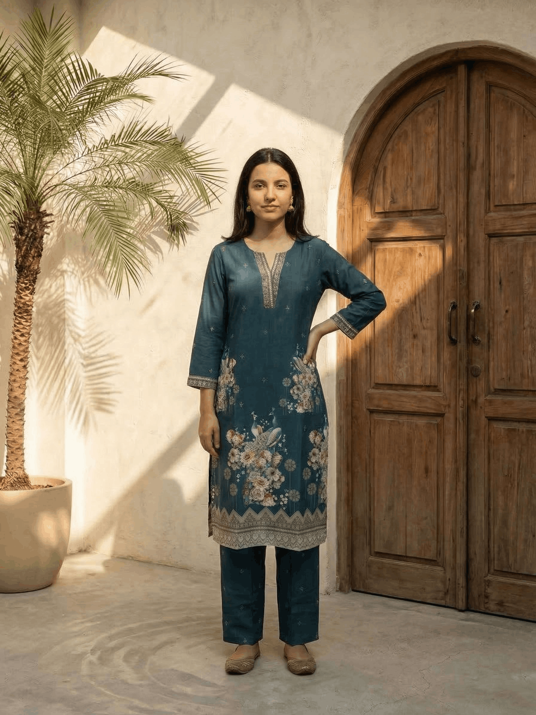Women yellow floral printed linen kurta co-ord set with trousers