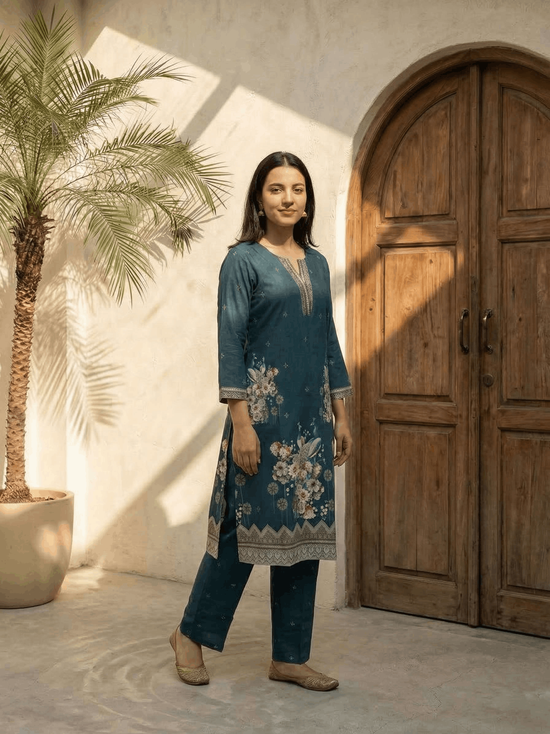 Women yellow floral printed linen kurta co-ord set with trousers
