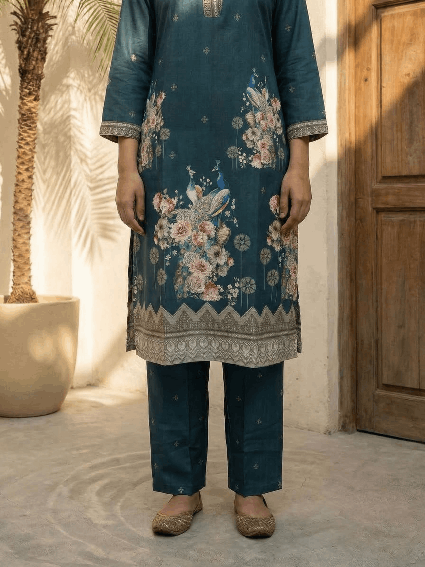 Women yellow floral printed linen kurta co-ord set with trousers