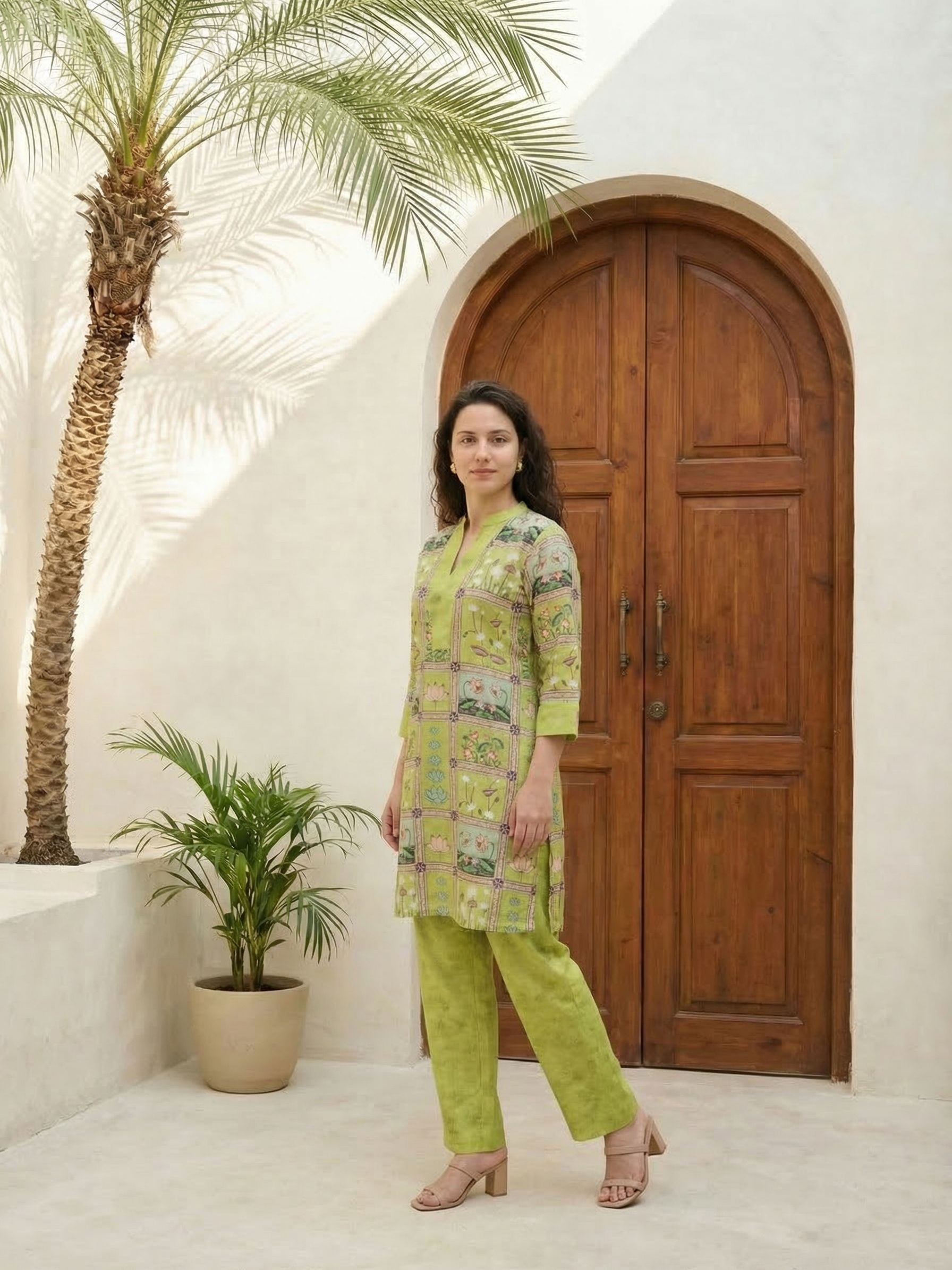 Women floral printed soft silk kurta with trousers