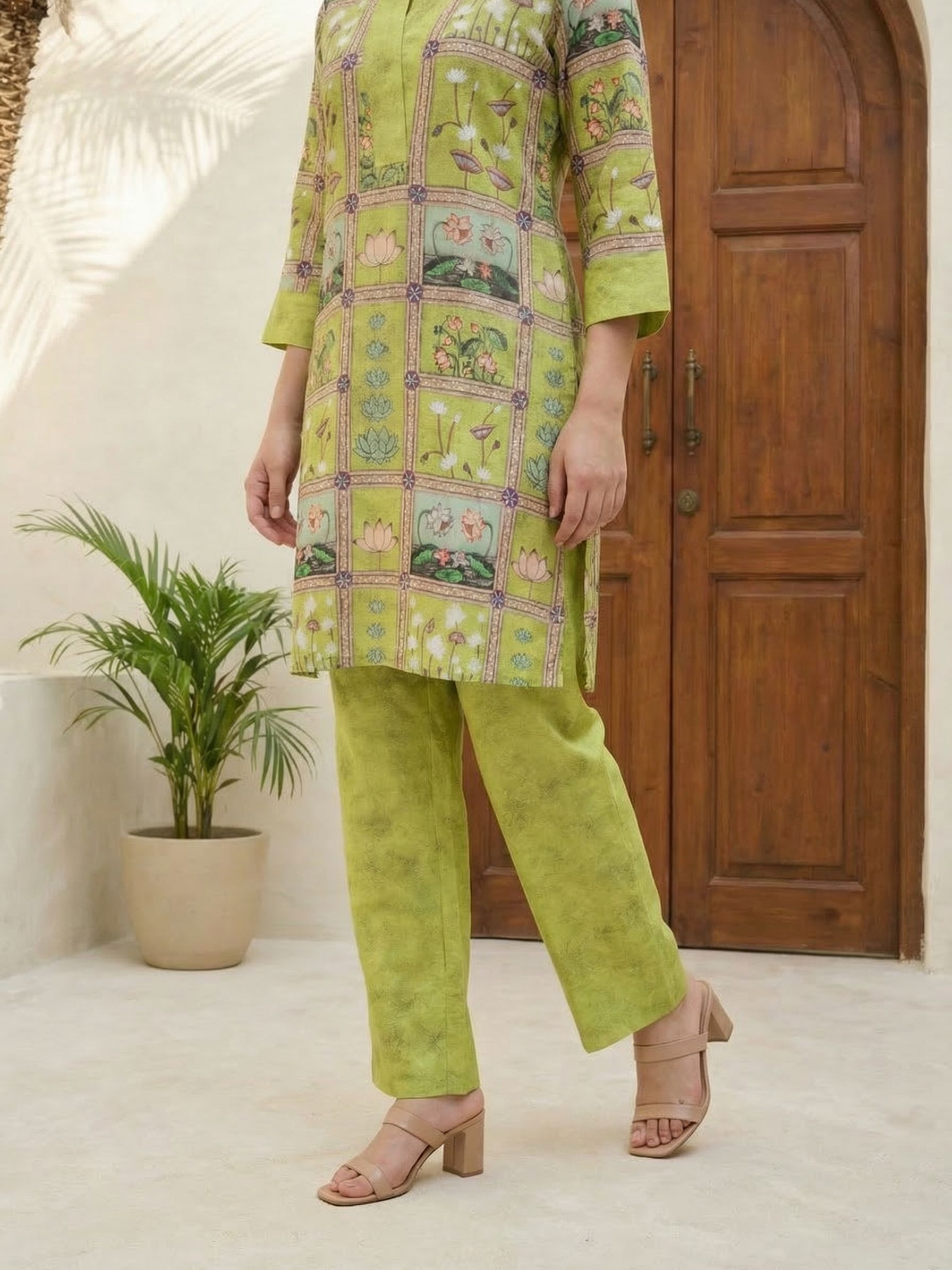 Women floral printed soft silk kurta with trousers