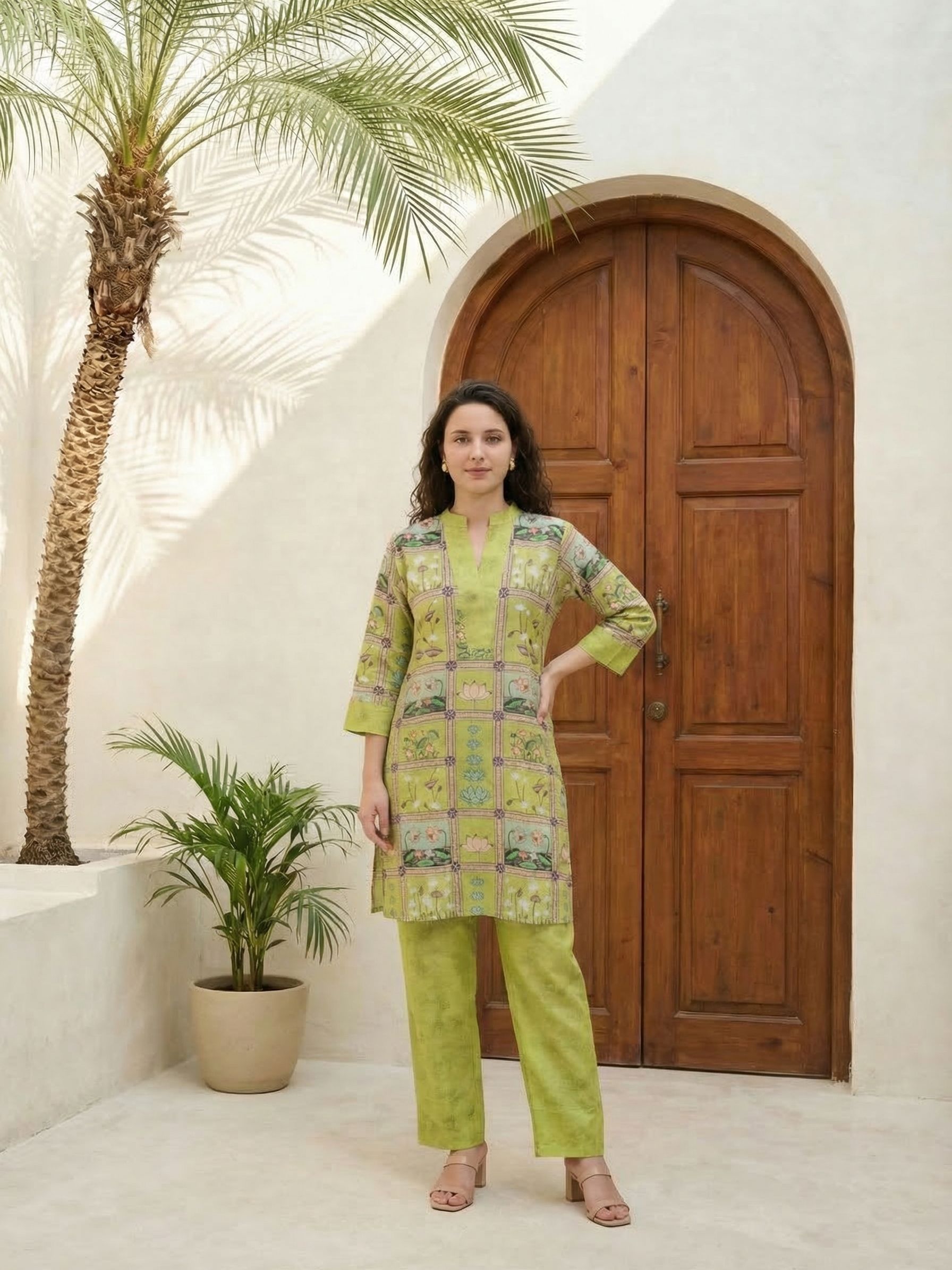 Women floral printed soft silk kurta with trousers