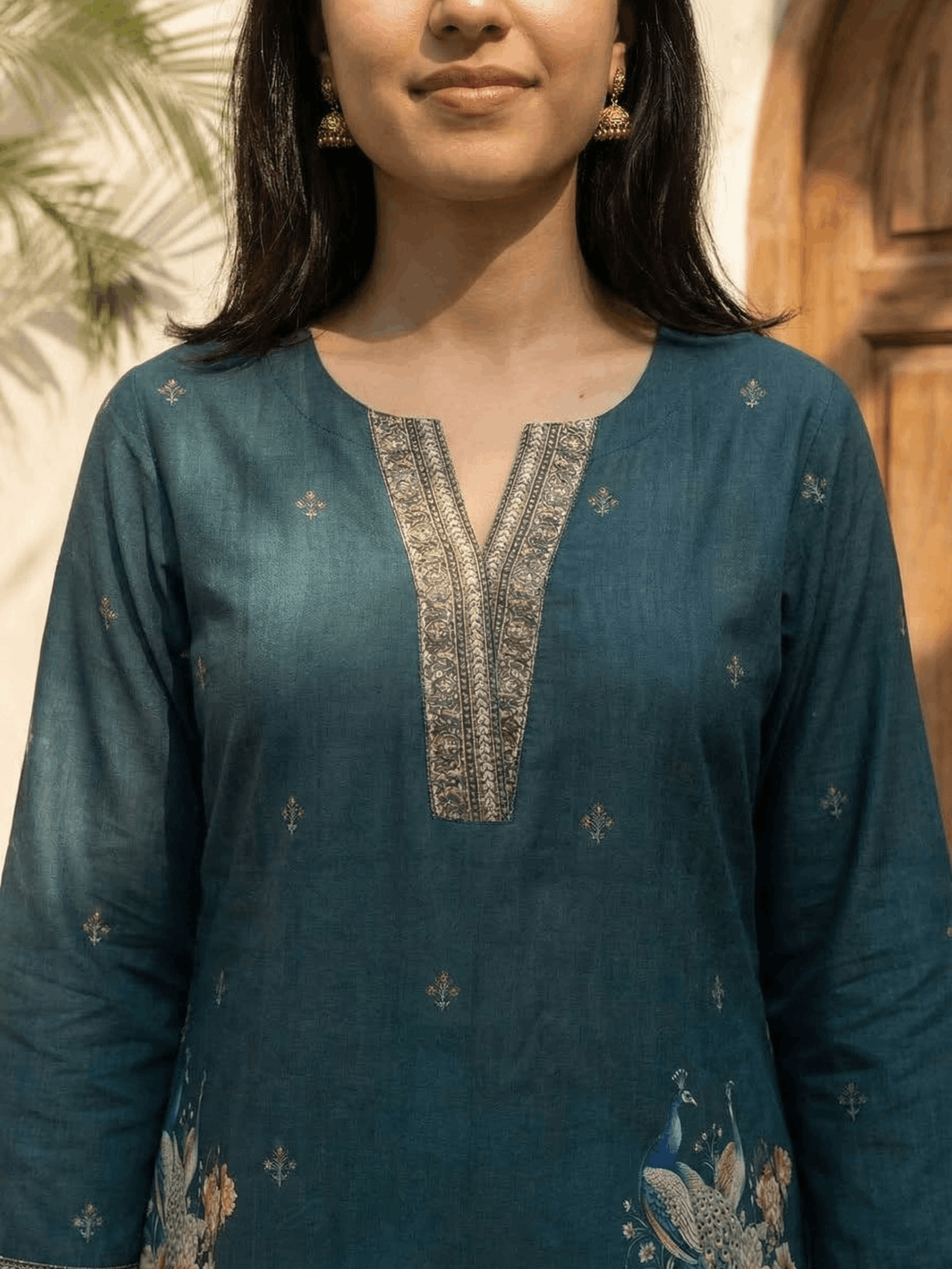 Women yellow floral printed linen kurta co-ord set with trousers