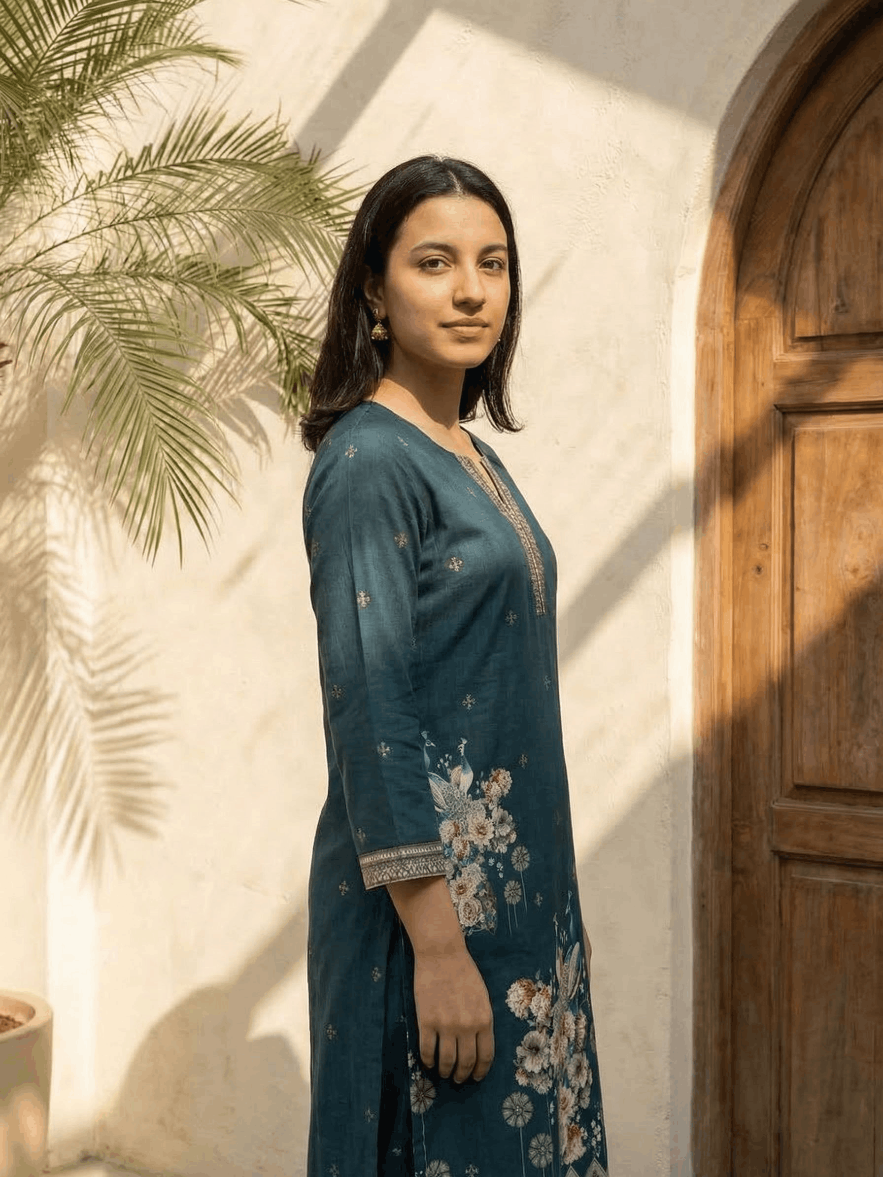 Women yellow floral printed linen kurta co-ord set with trousers