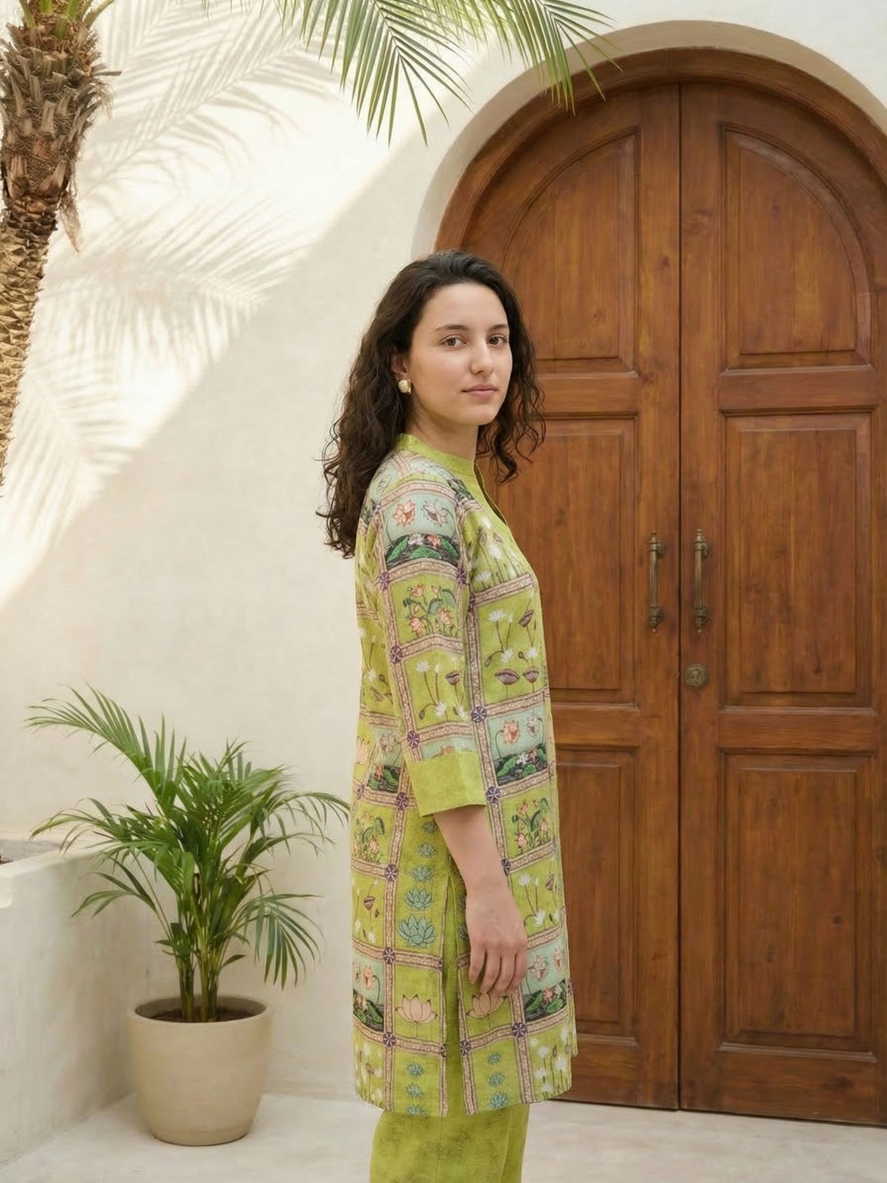 Women floral printed soft silk kurta with trousers
