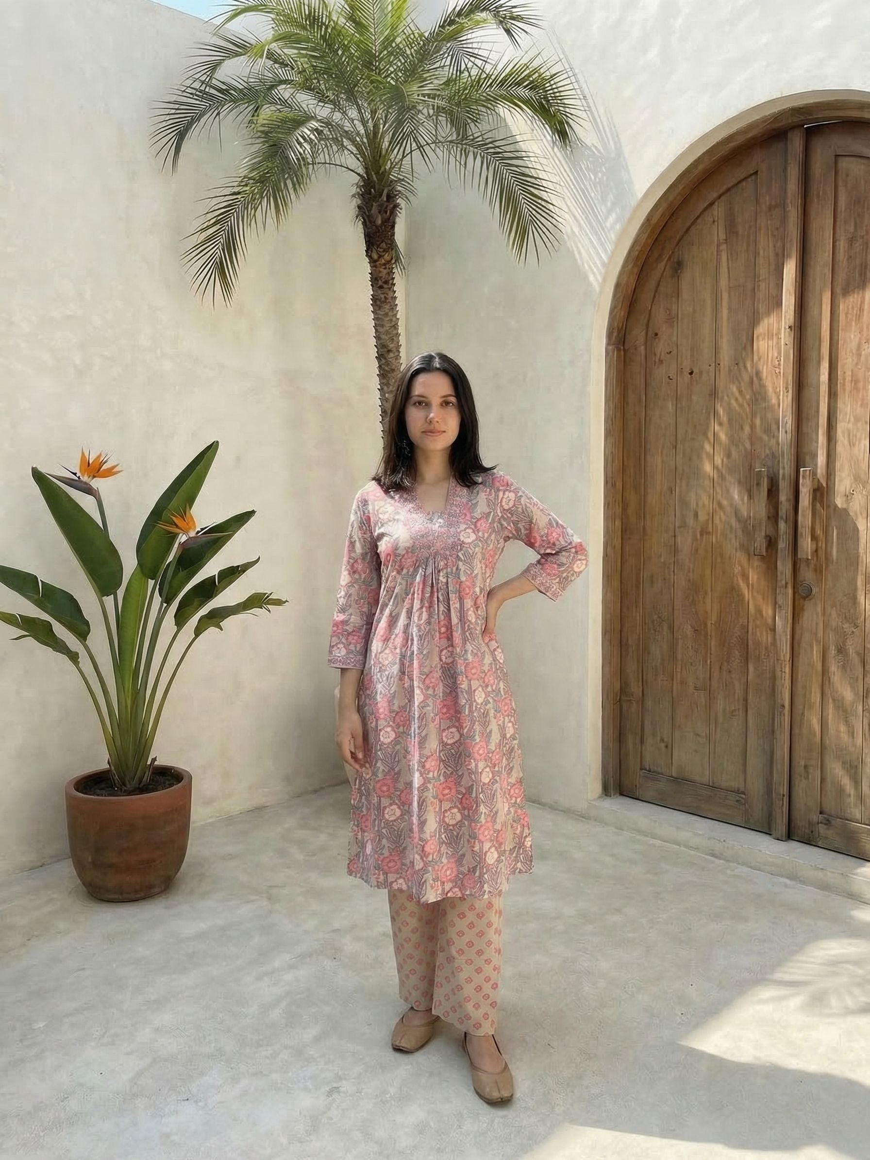 Women floral printed soft silk kurta with trousers