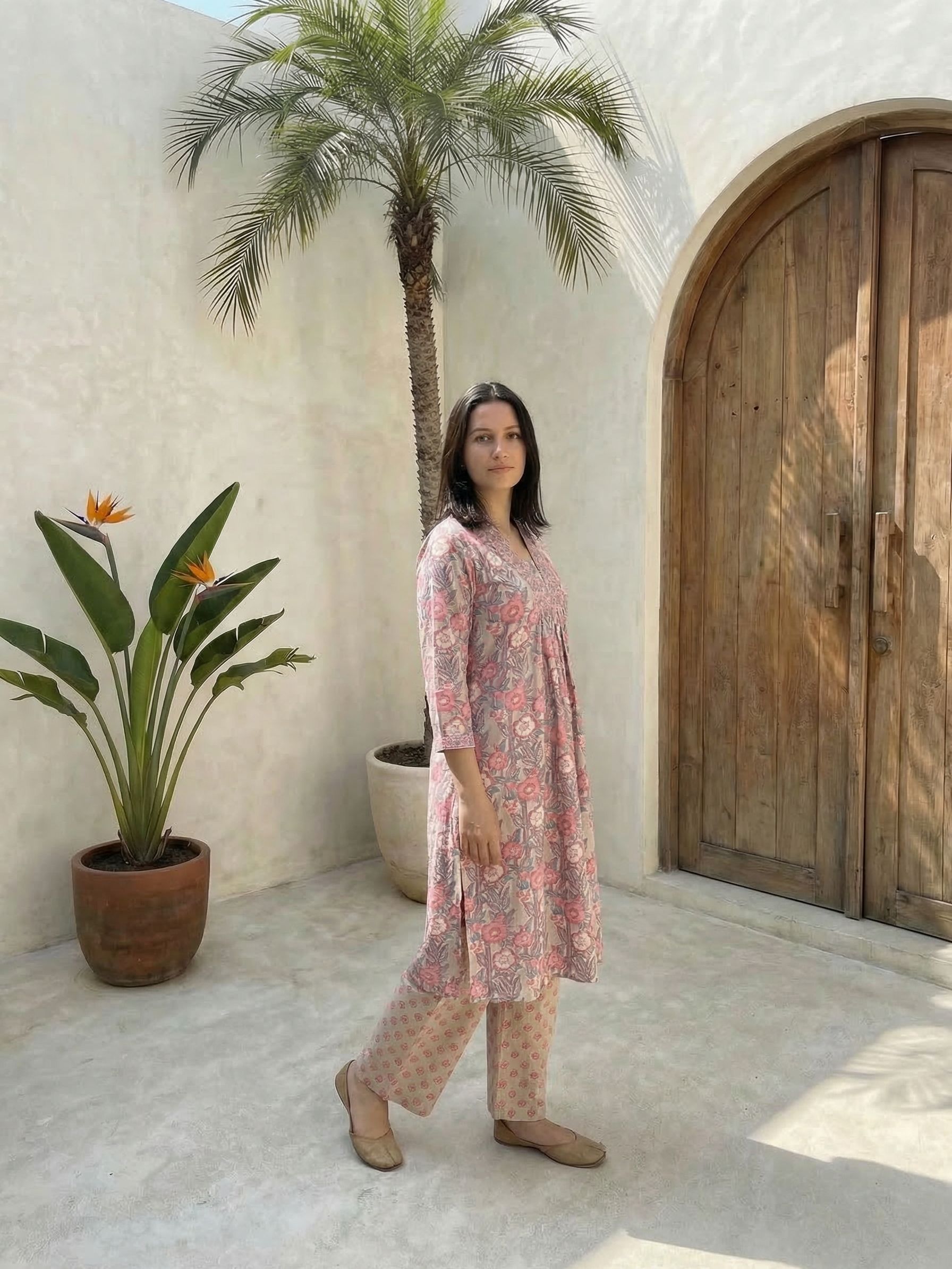 Women floral printed soft silk kurta with trousers