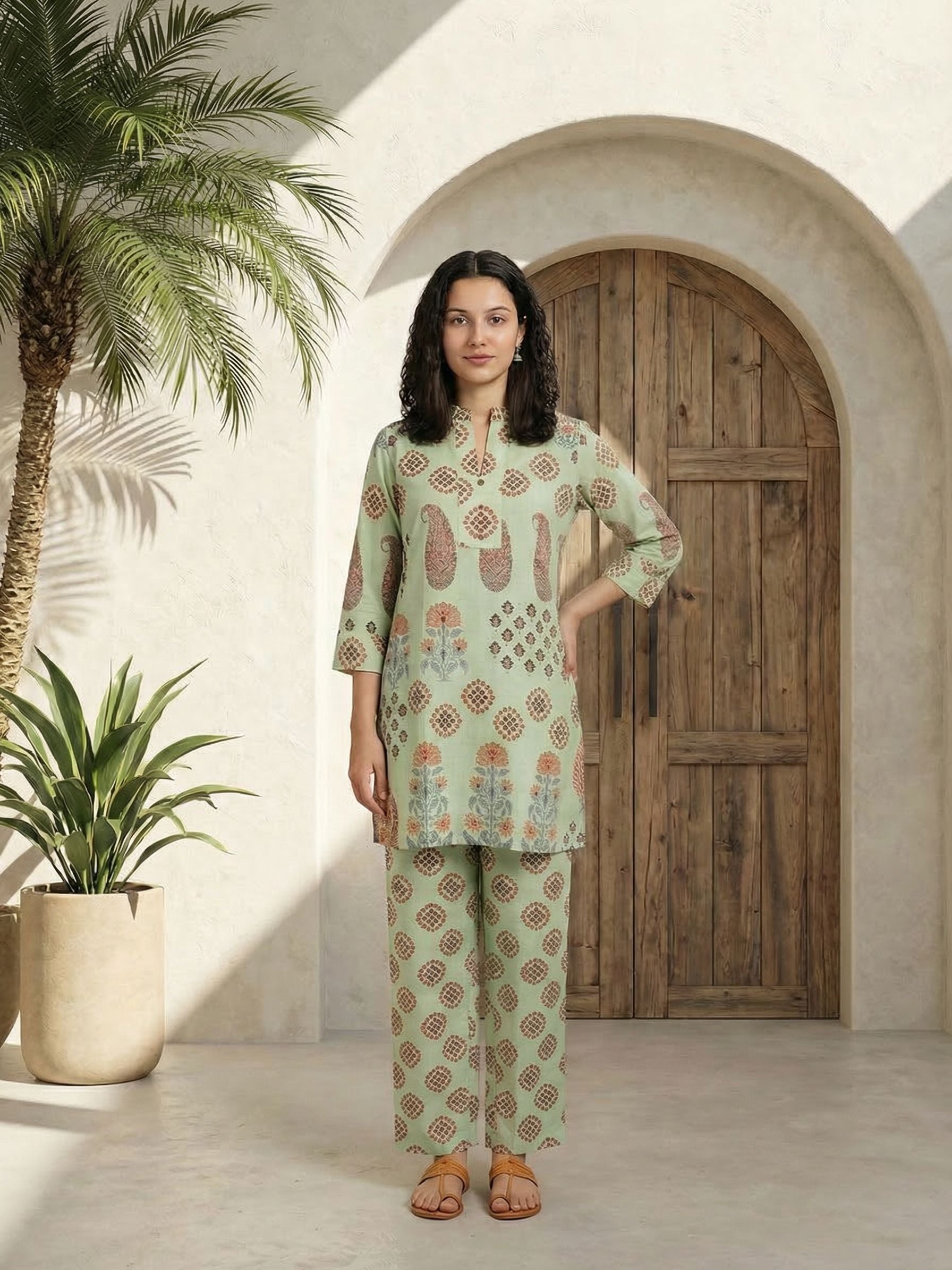 Women printed soft silk tunic with trousers