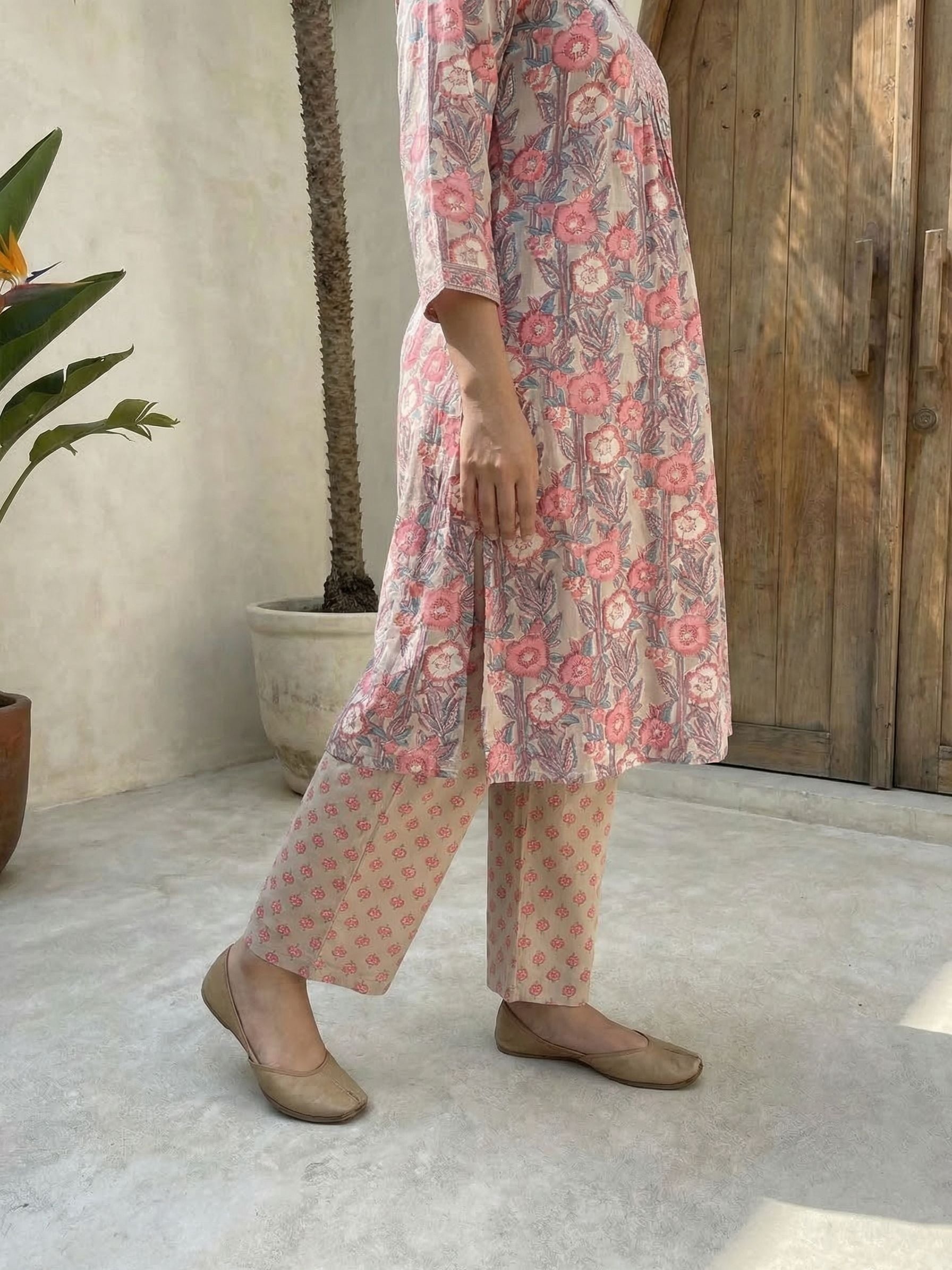 Women floral printed soft silk kurta with trousers