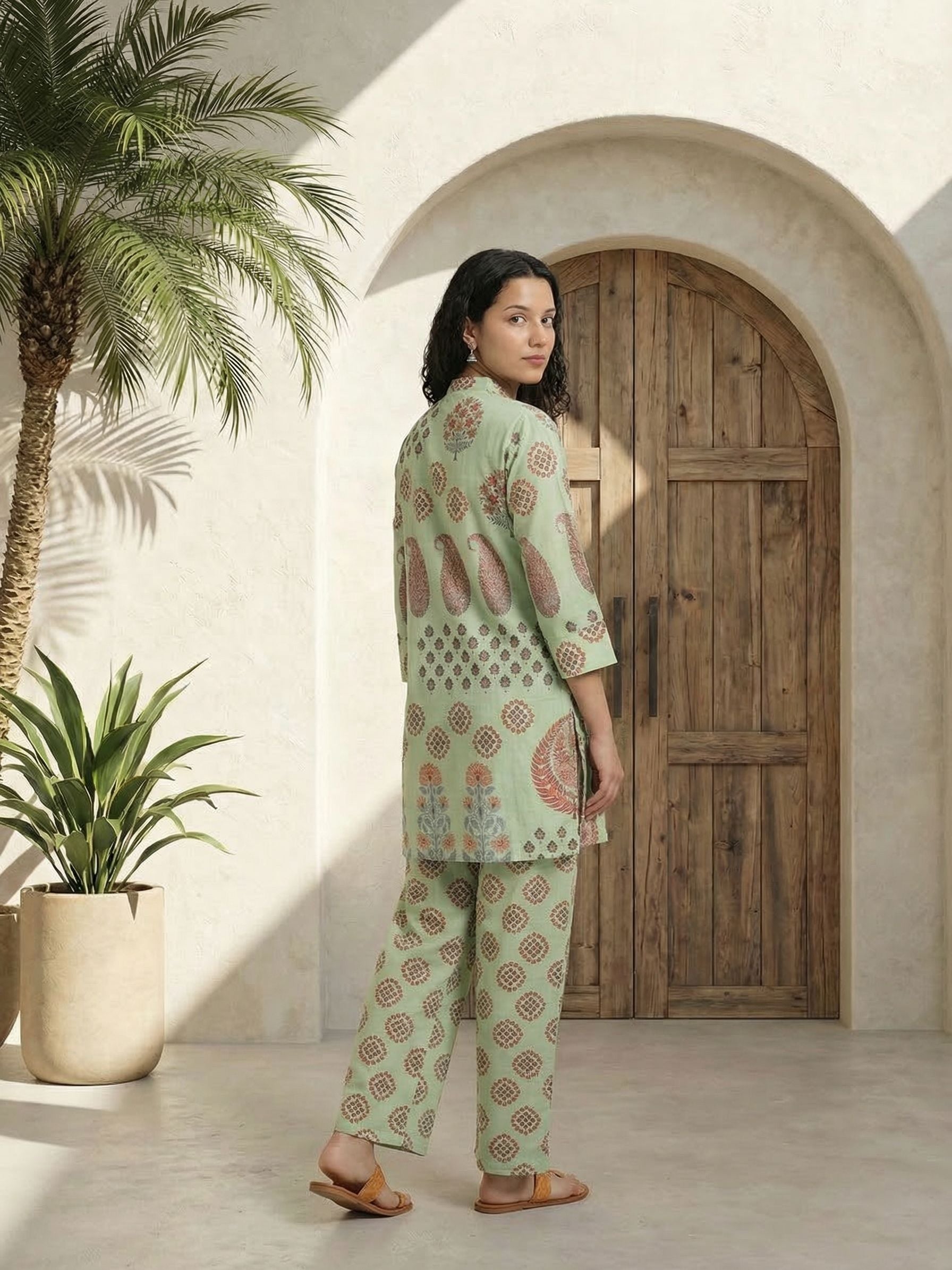 Women printed soft silk tunic with trousers