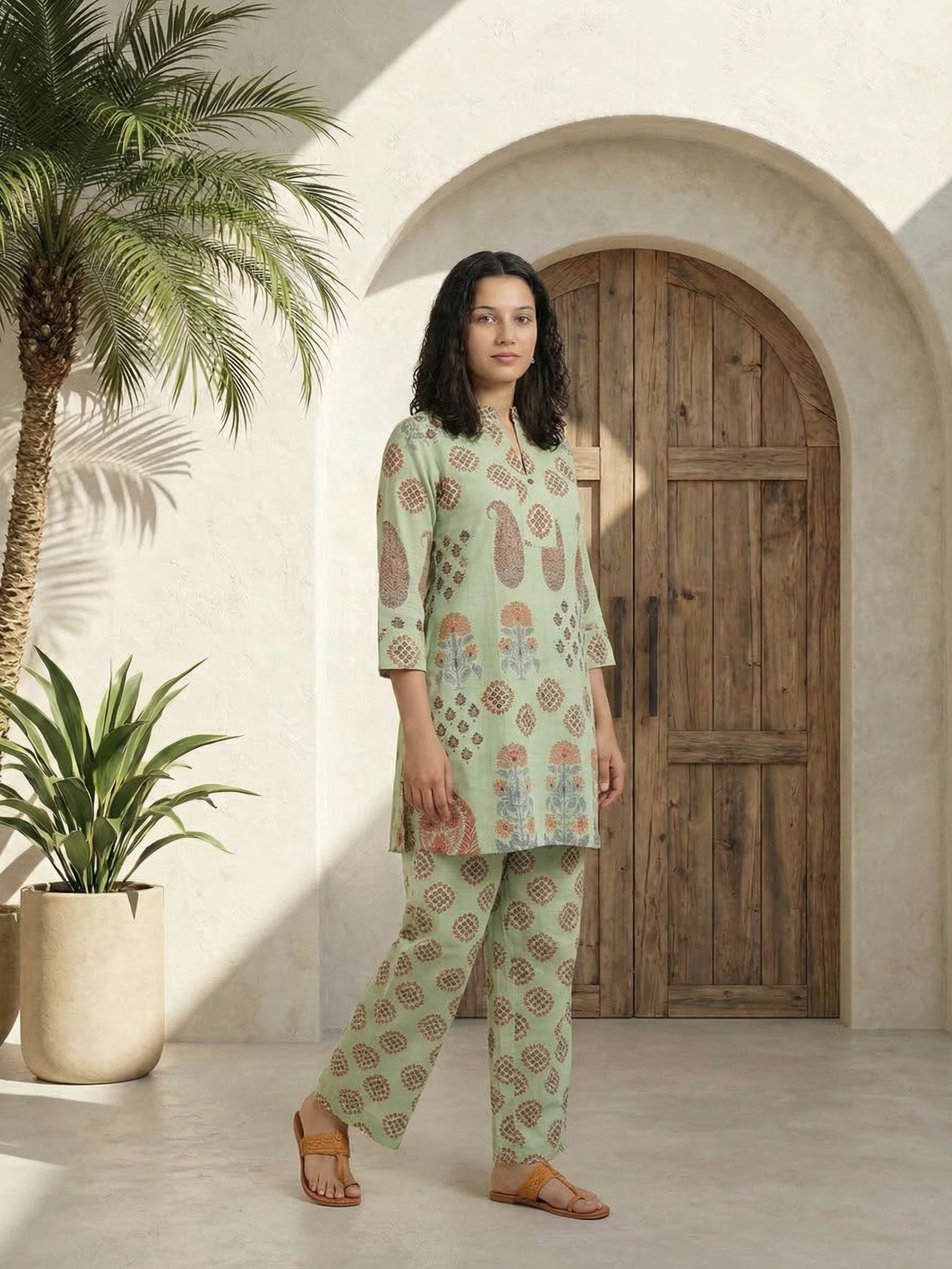 Women printed soft silk tunic with trousers