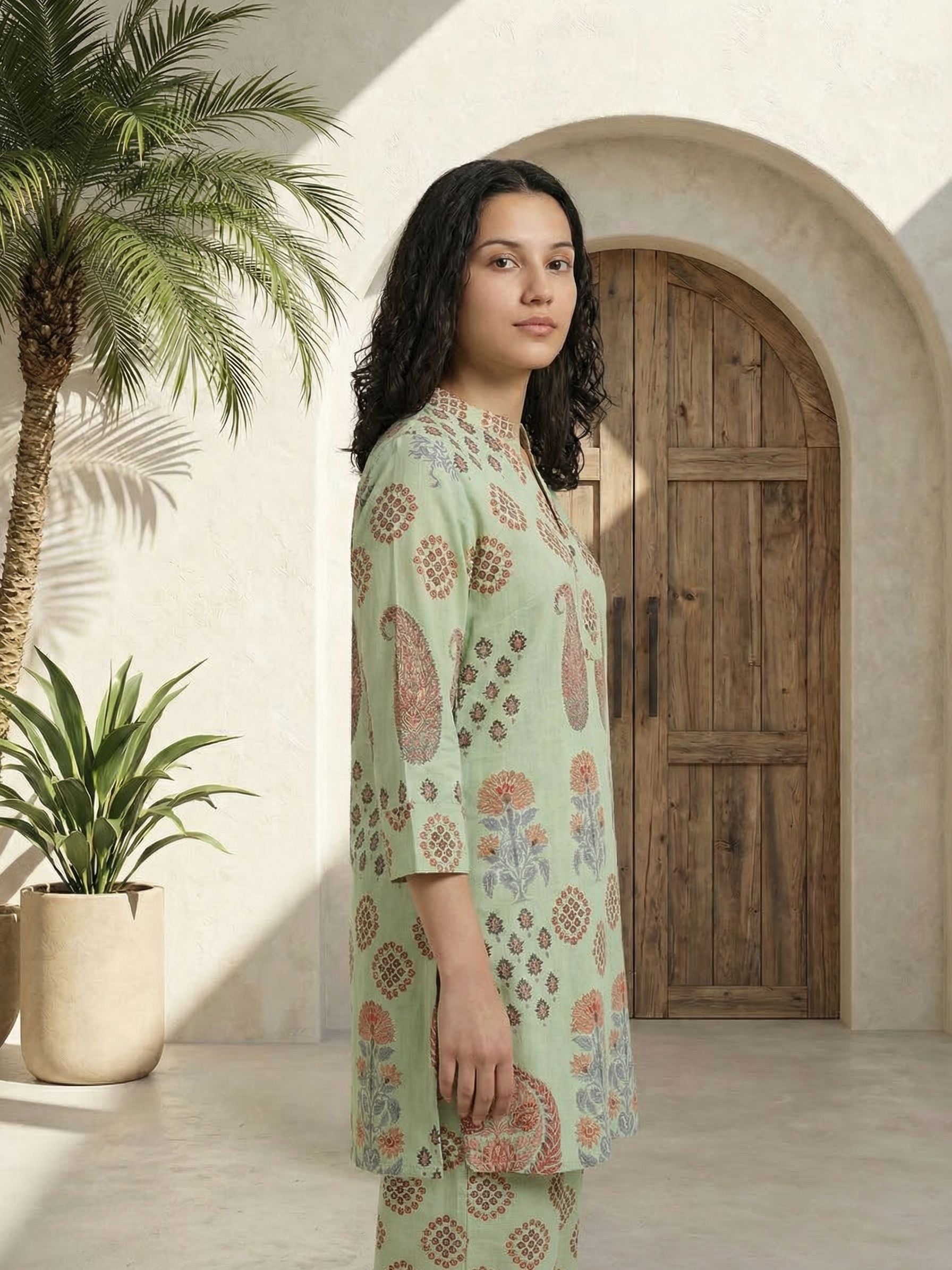 Women printed soft silk tunic with trousers