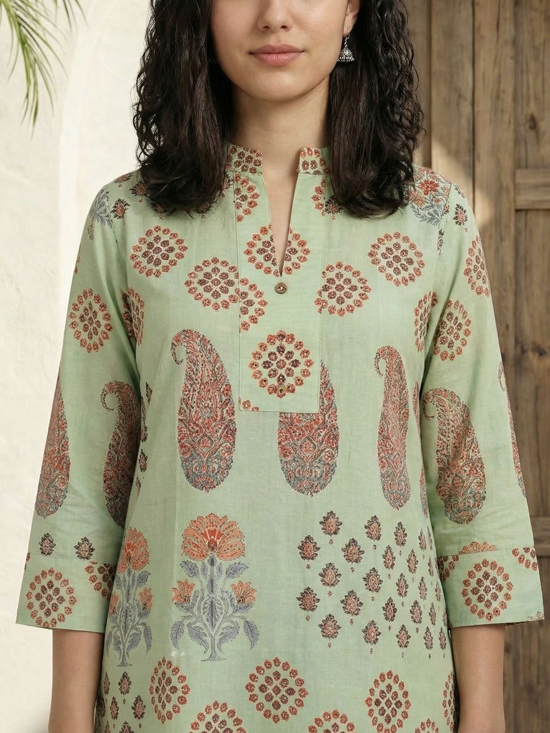 Women printed soft silk tunic with trousers