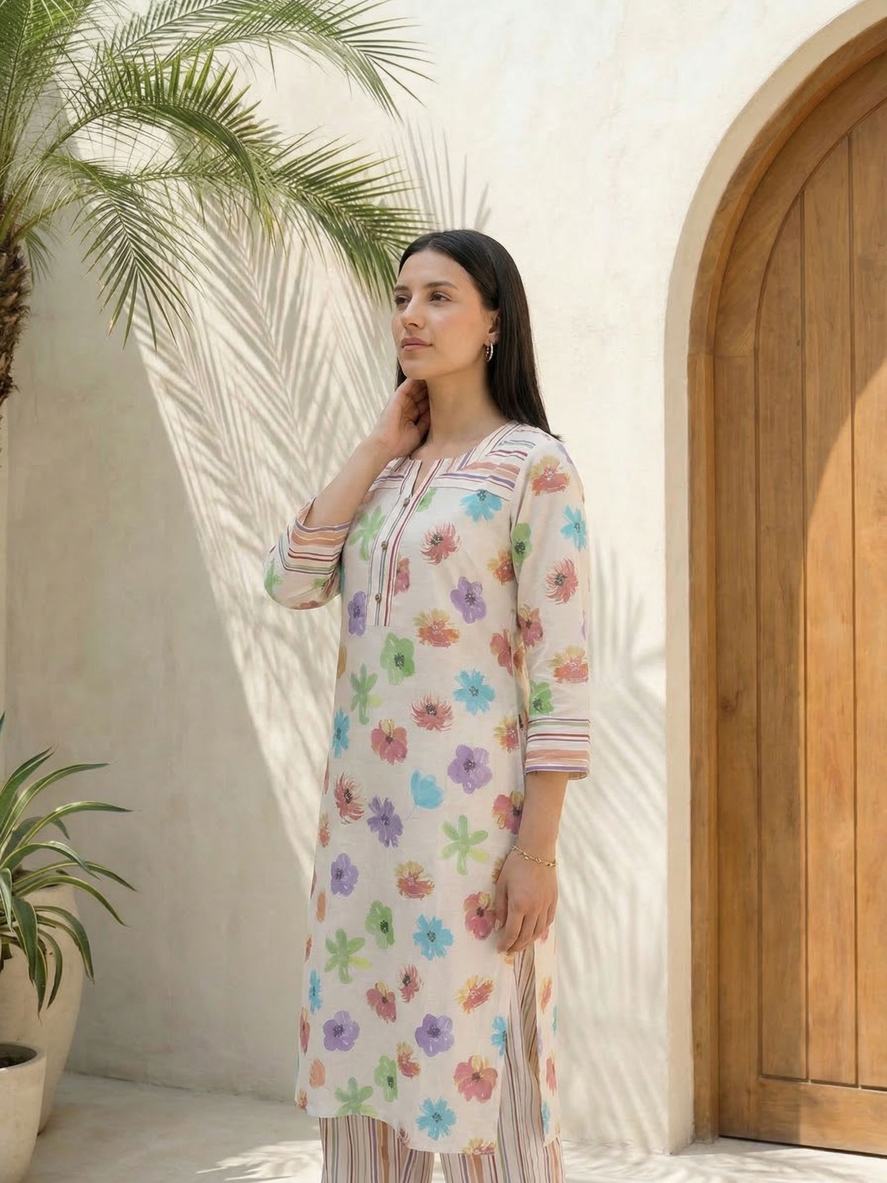 Women printed soft silk tunic with trousers