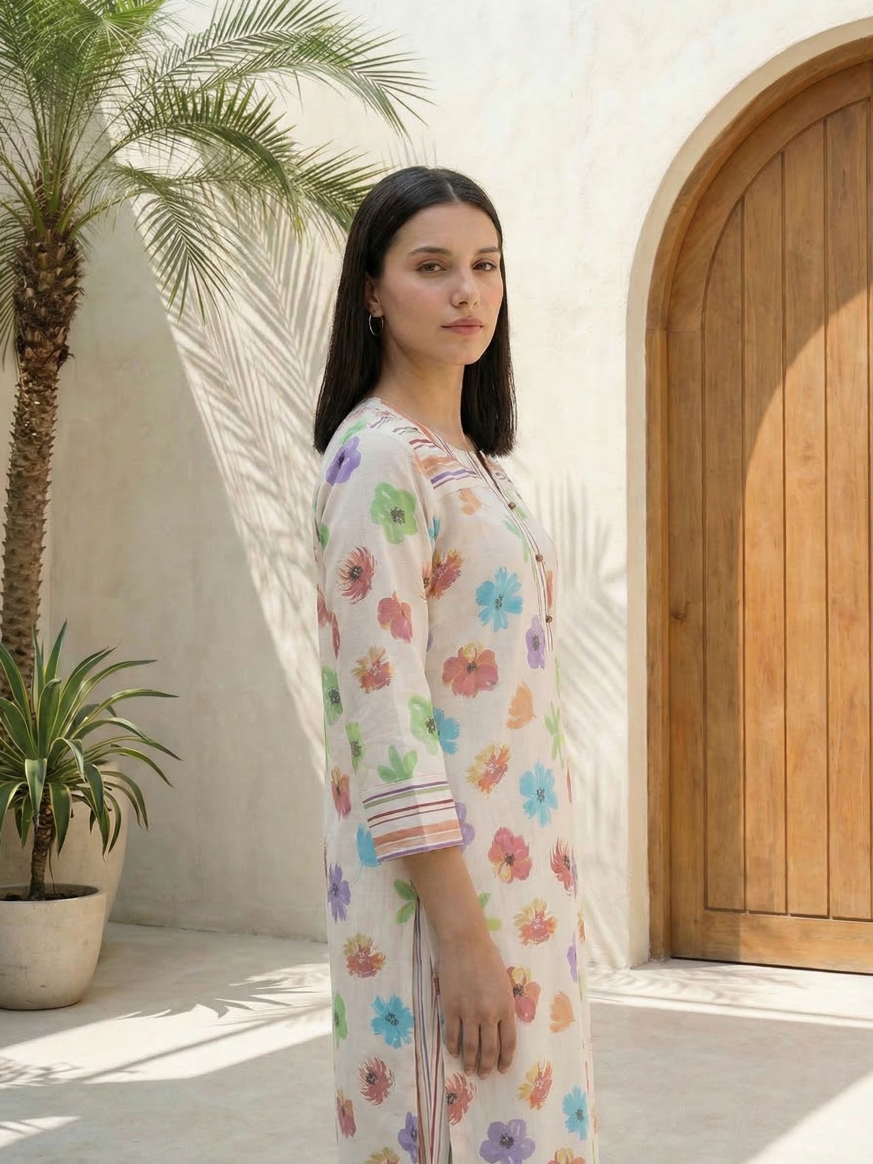 Women printed soft silk tunic with trousers