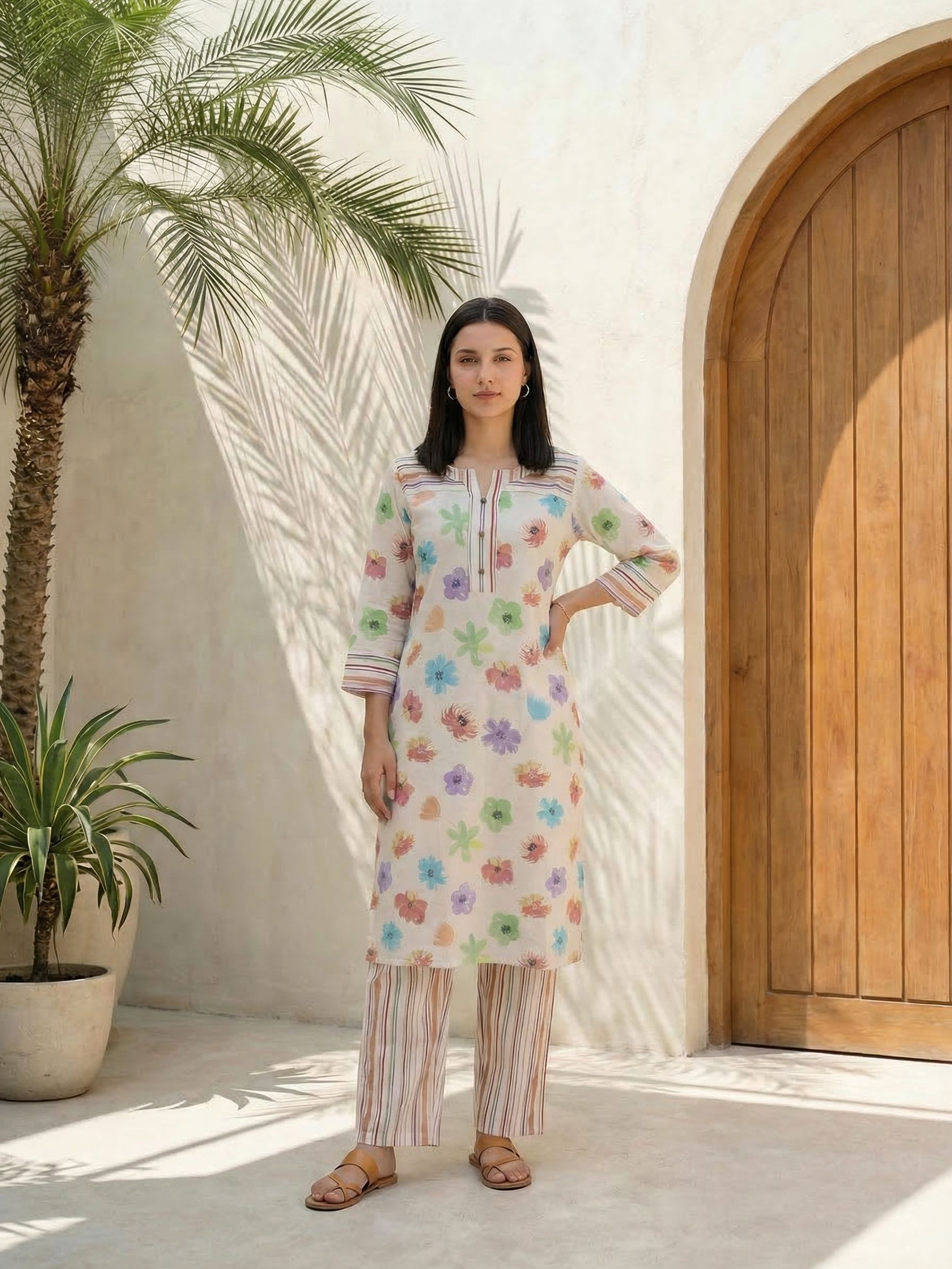 Women printed soft silk tunic with trousers