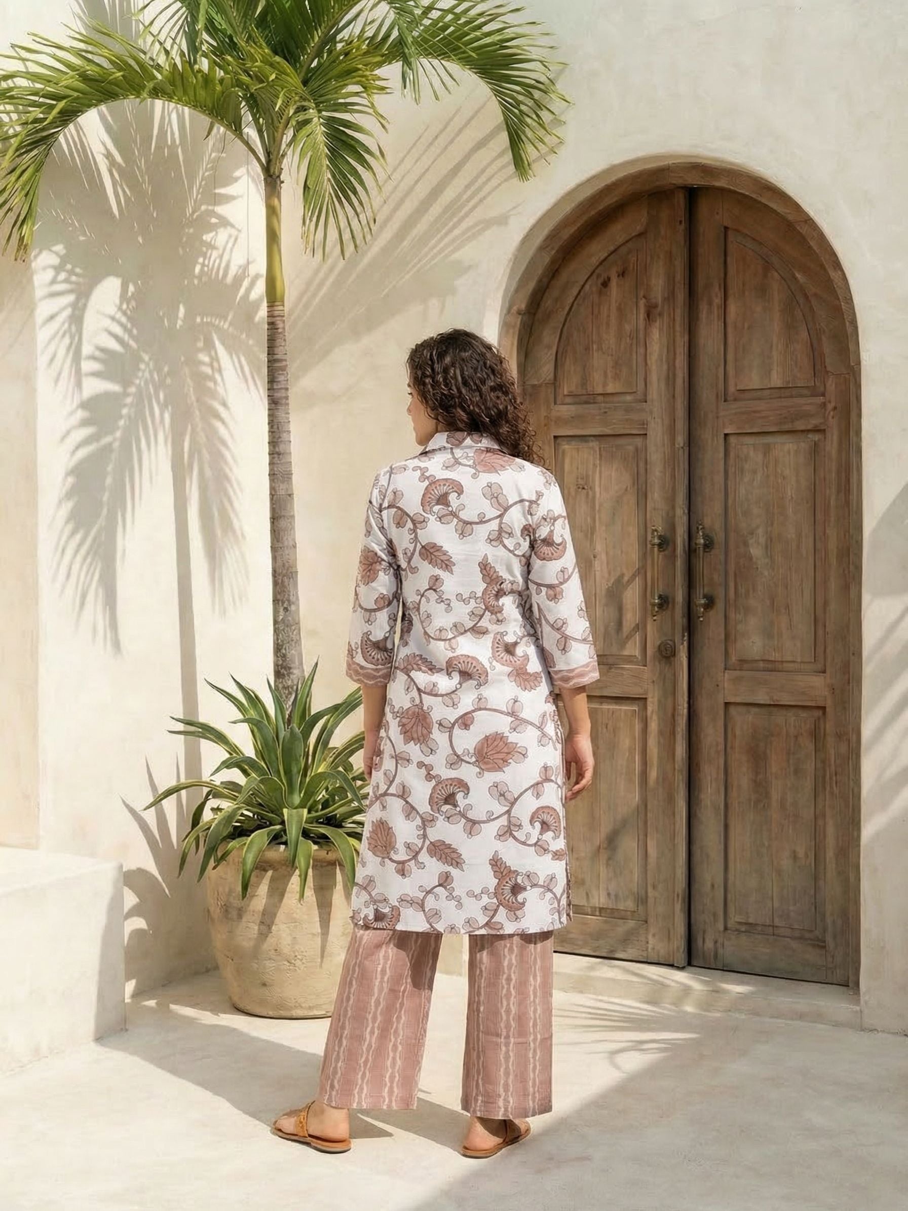 Women printed soft silk tunic with trousers