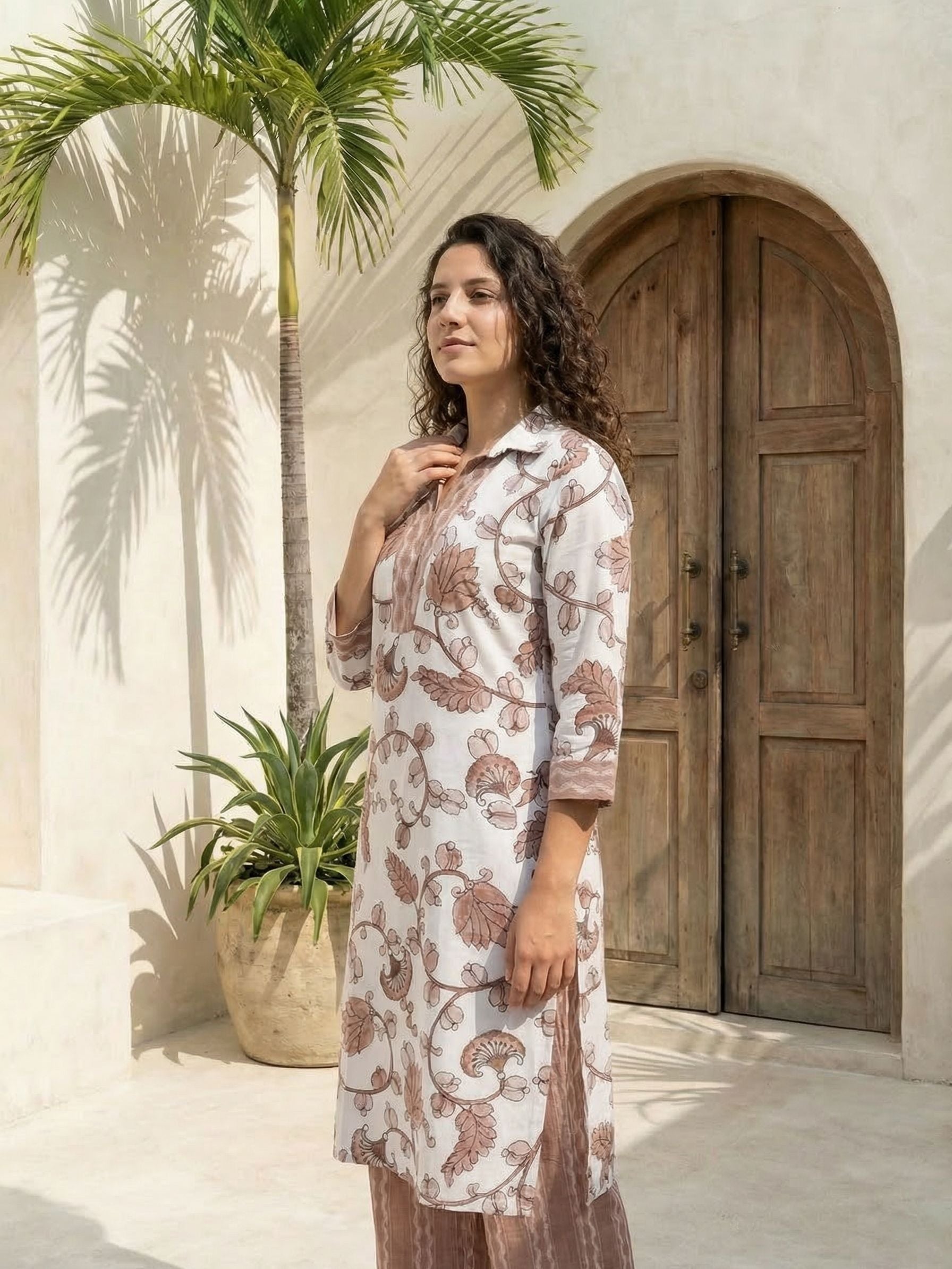 Women printed soft silk tunic with trousers