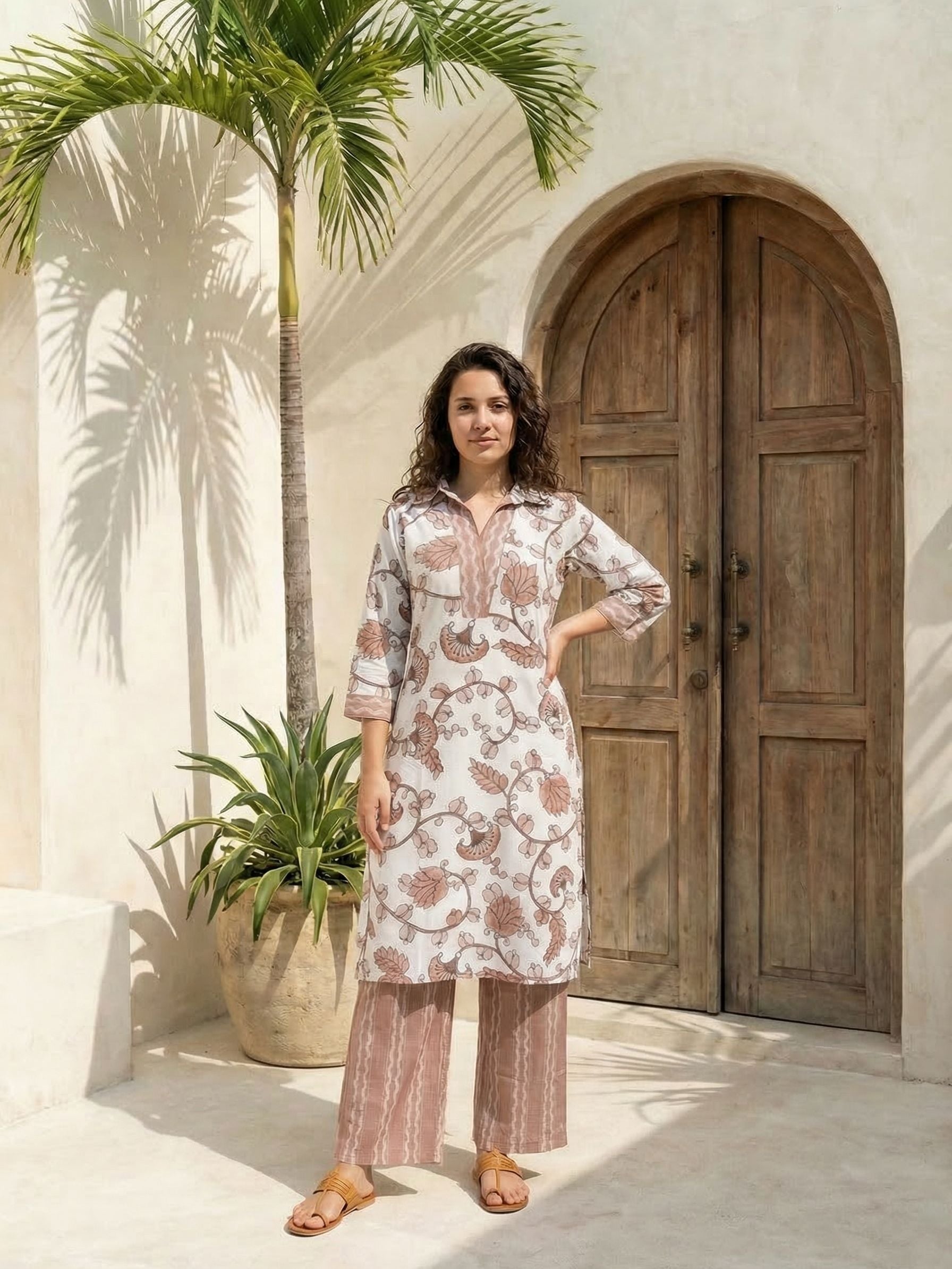 Women printed soft silk tunic with trousers