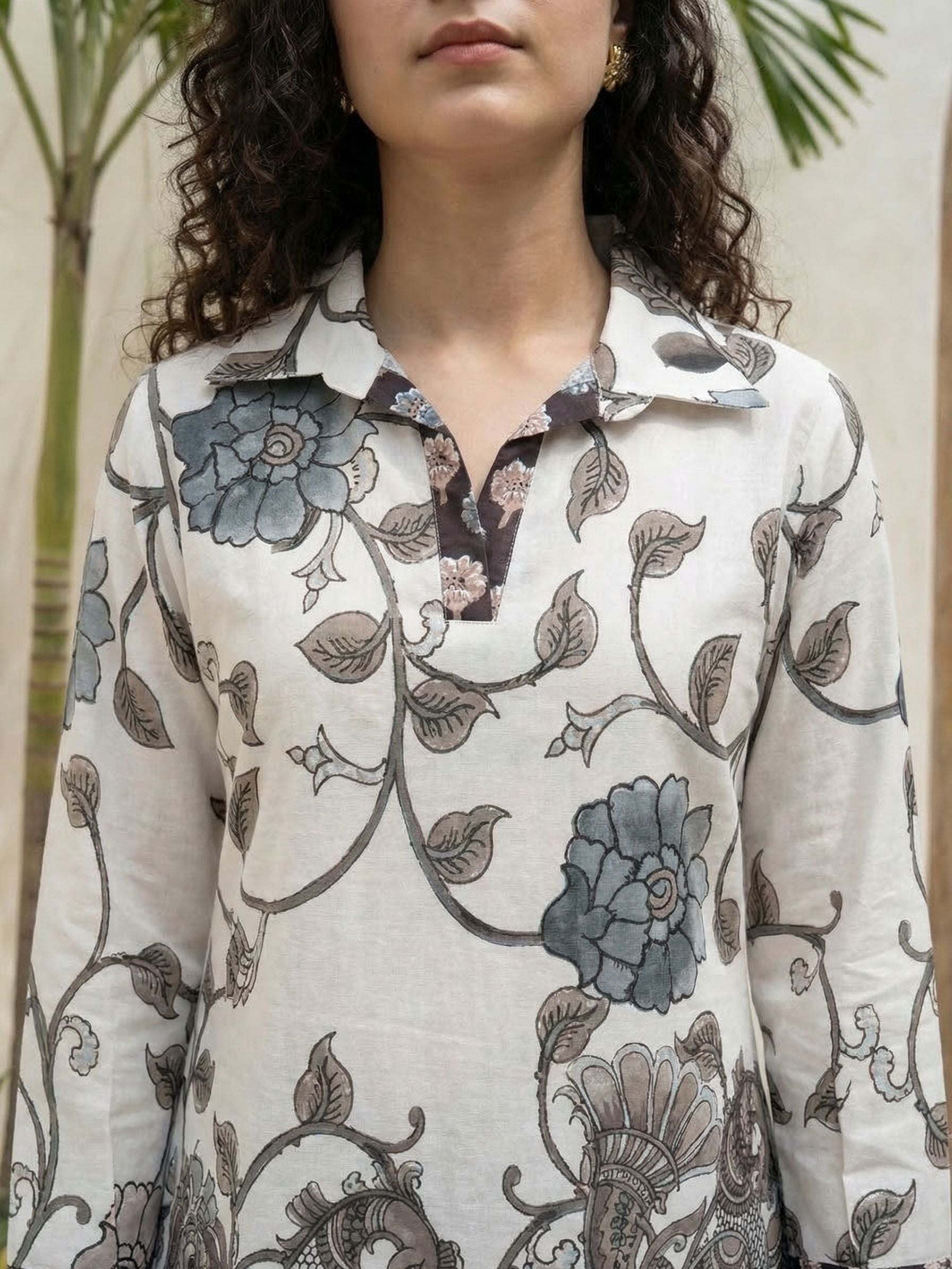 Women printed soft silk tunic with trousers