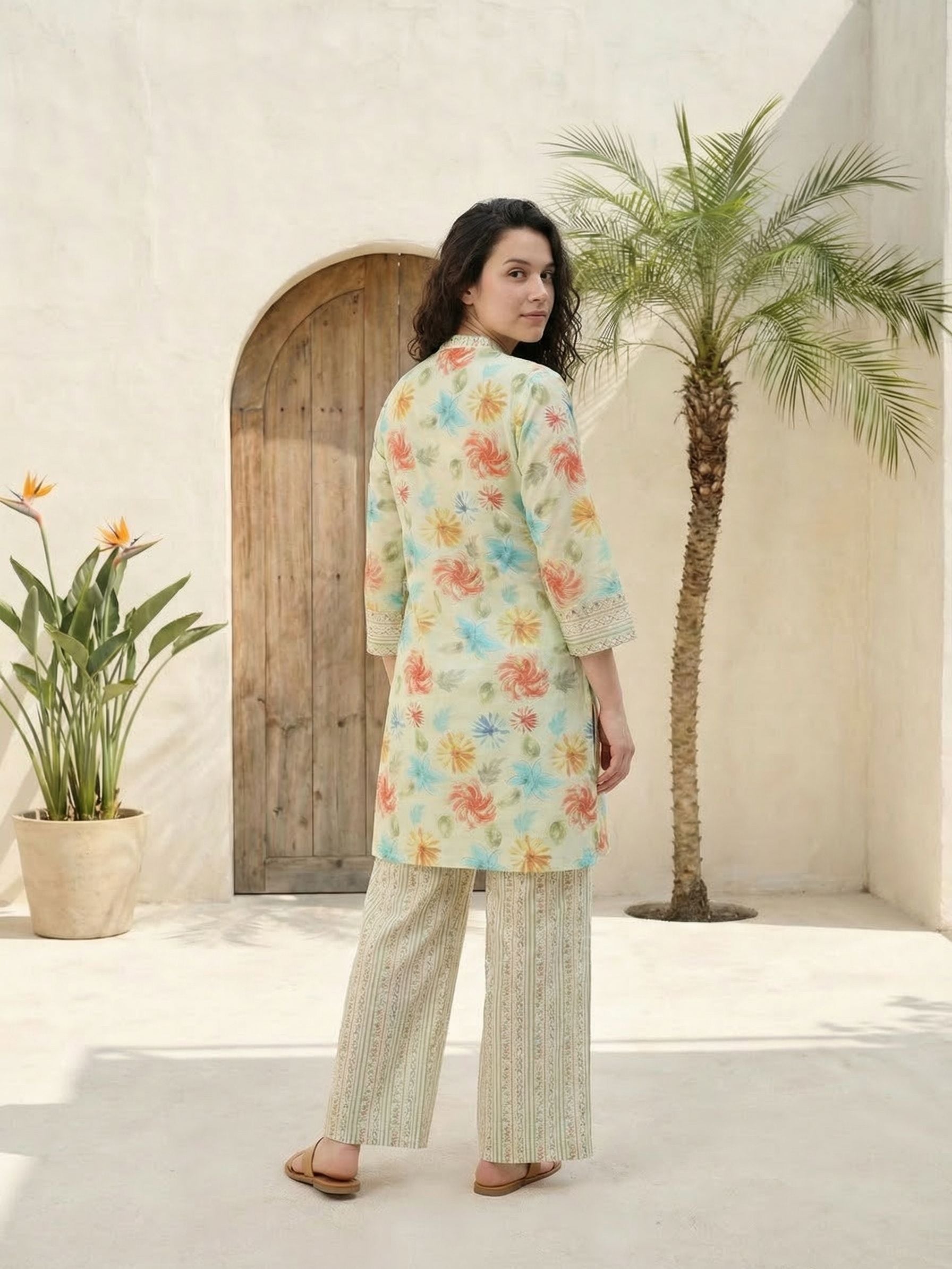 Women printed soft silk tunic with trousers