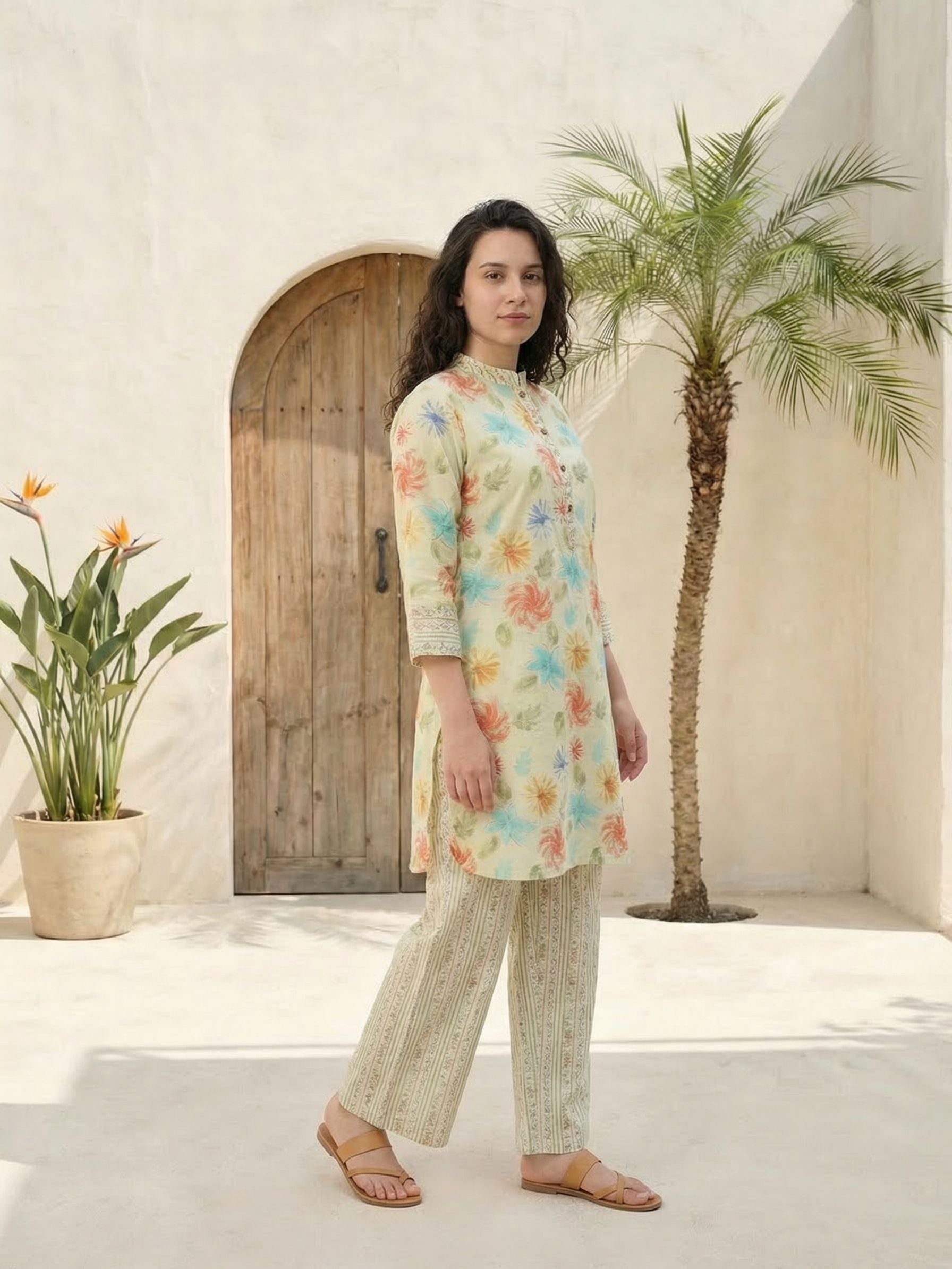 Women printed soft silk tunic with trousers