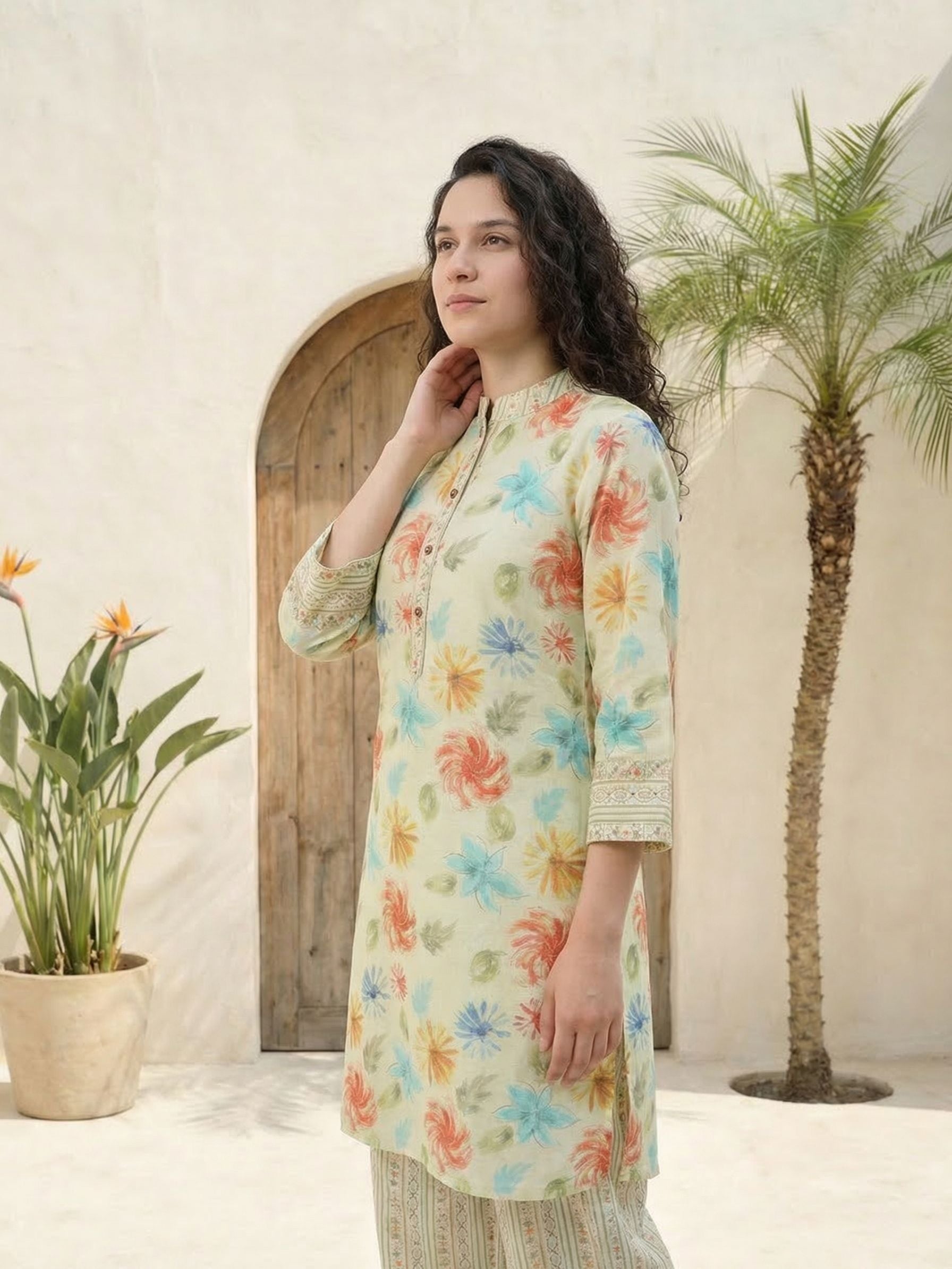 Women printed soft silk tunic with trousers