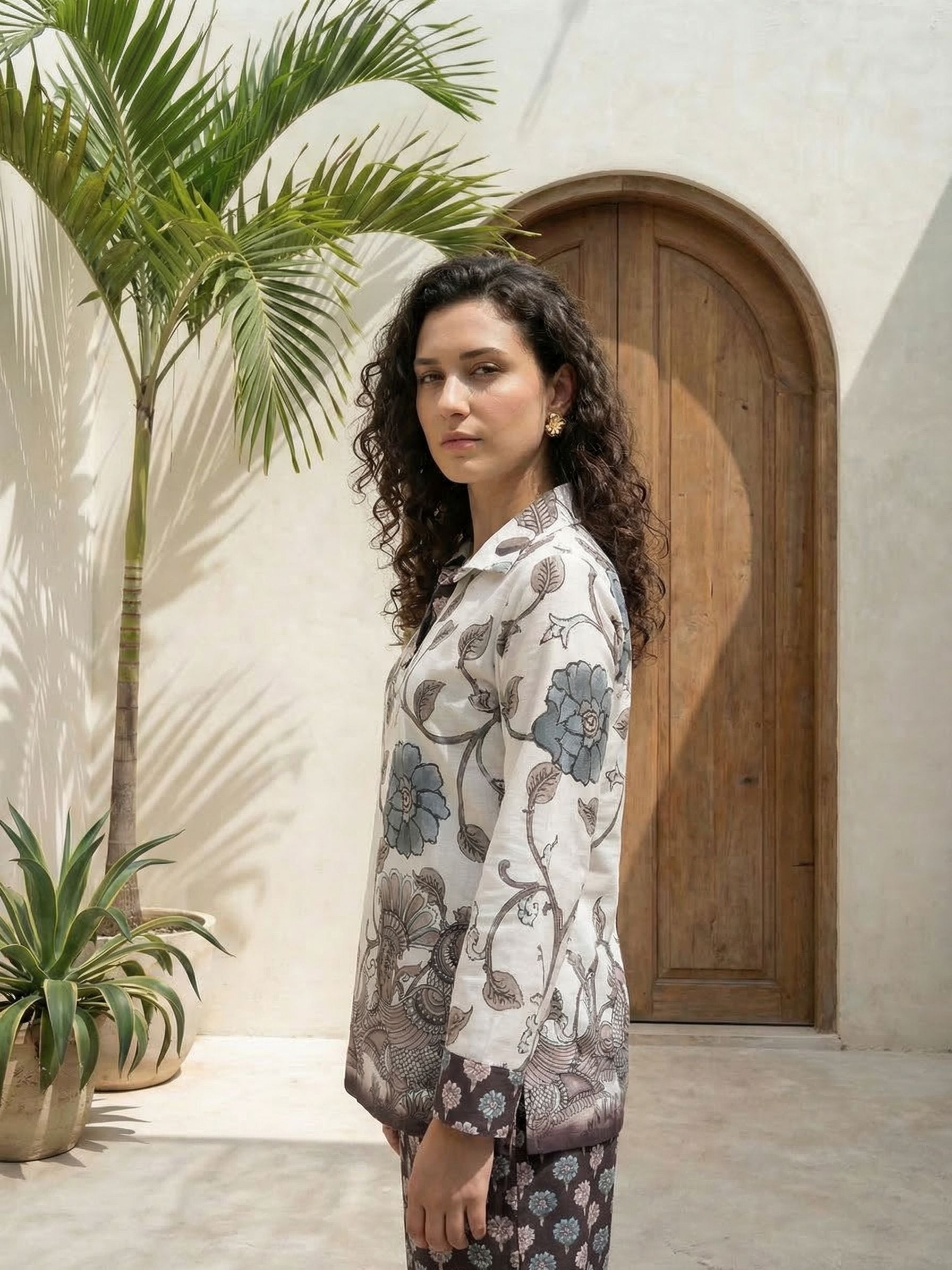 Women printed soft silk tunic with trousers
