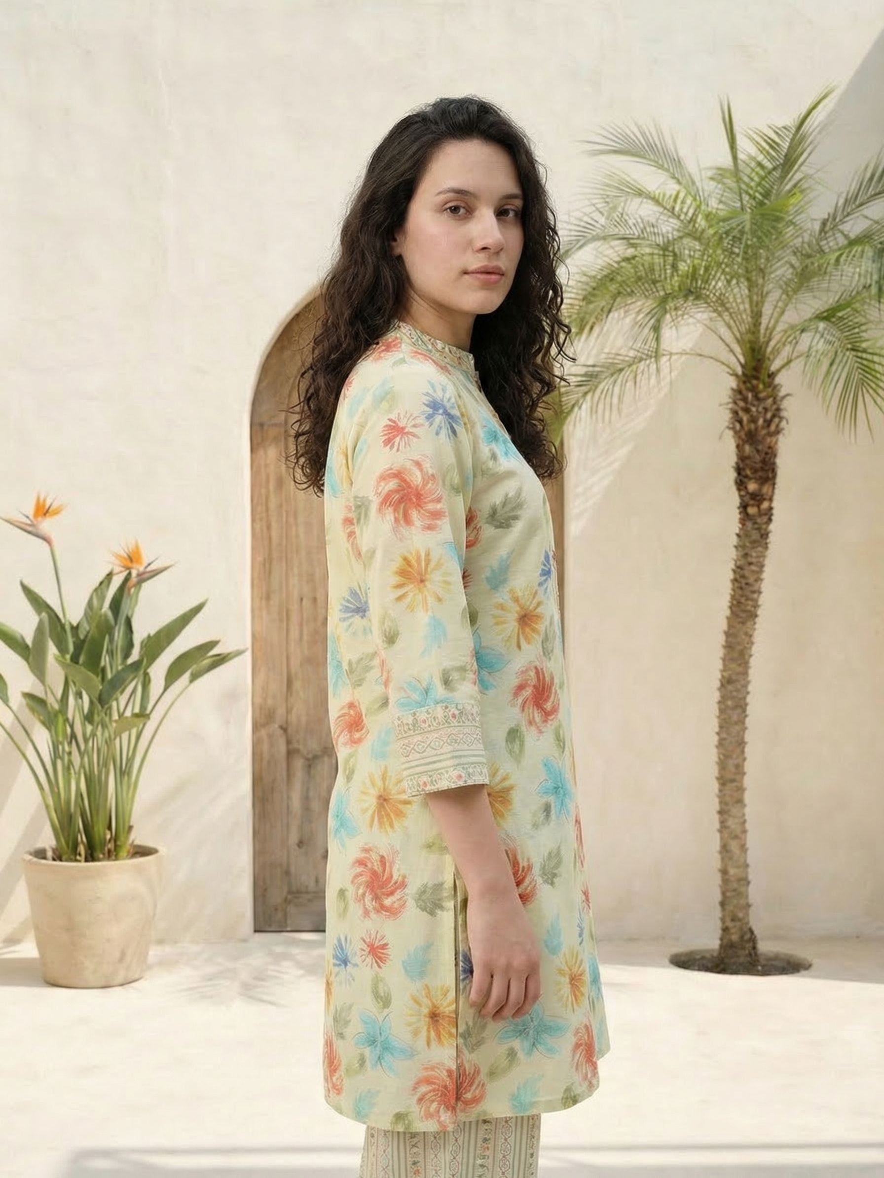 Women printed soft silk tunic with trousers