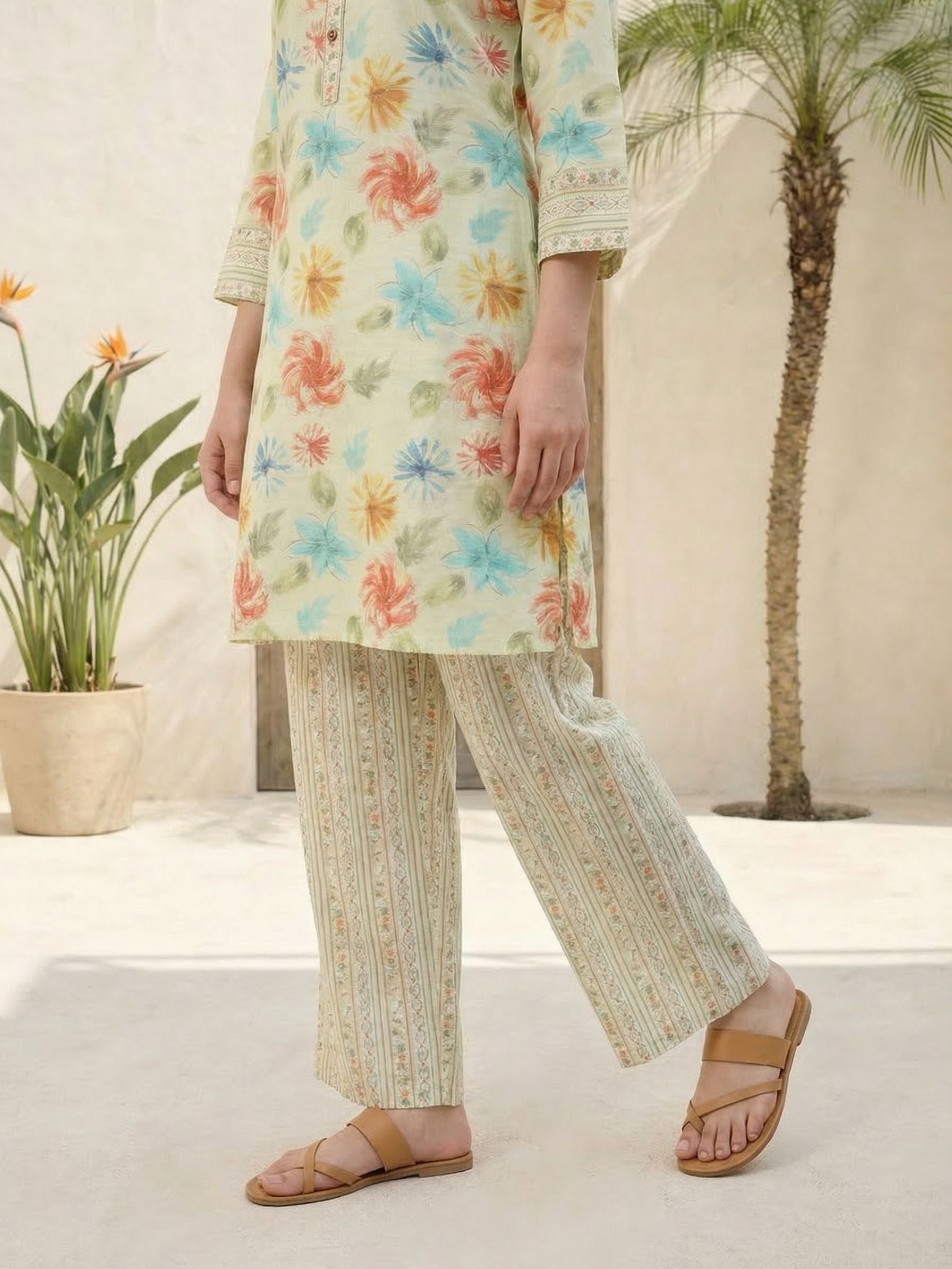Women printed soft silk tunic with trousers