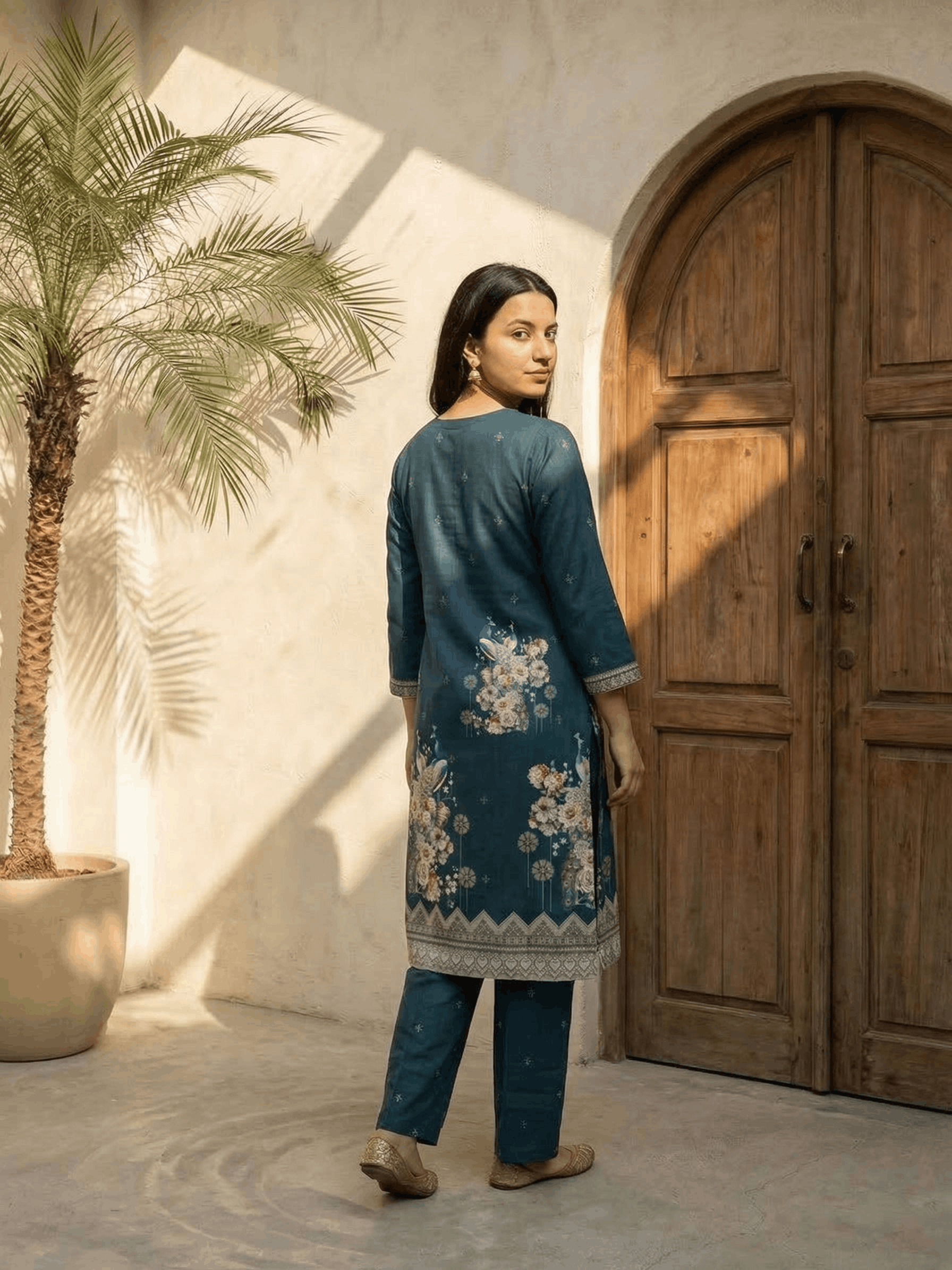 Women yellow floral printed linen kurta co-ord set with trousers