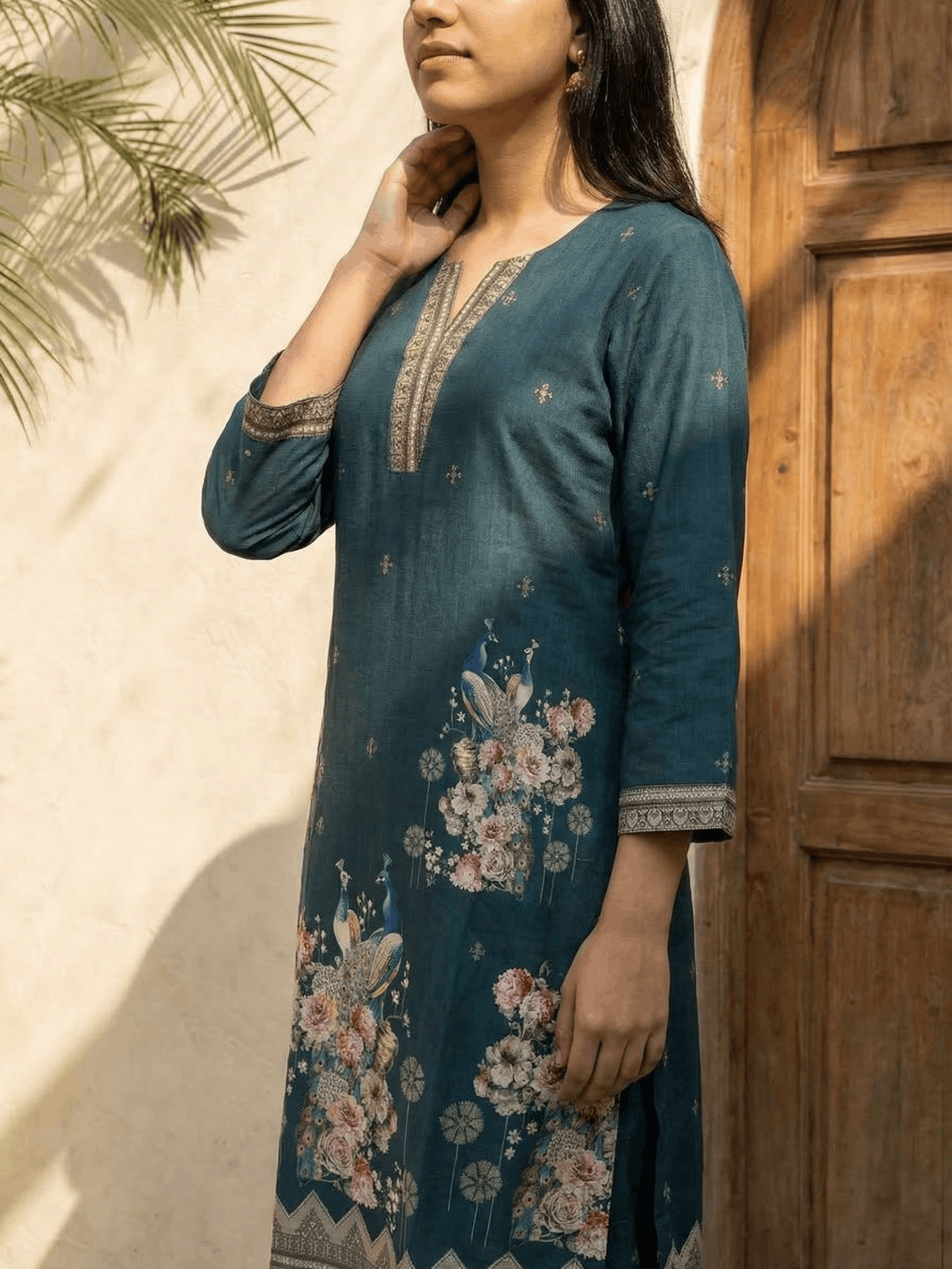 Women yellow floral printed linen kurta co-ord set with trousers