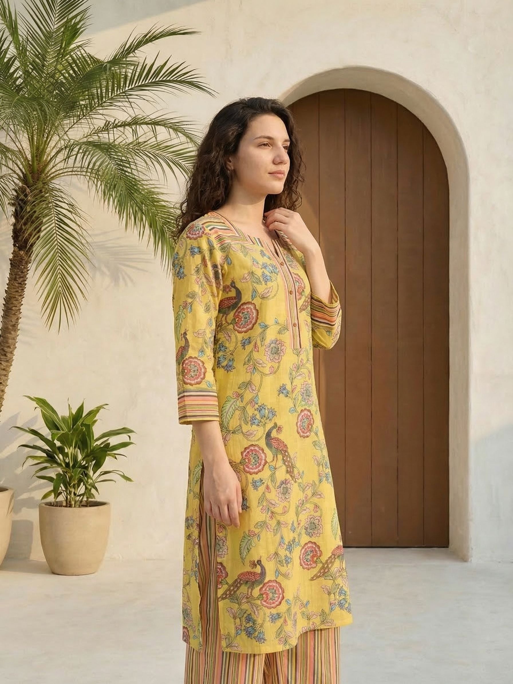 Women floral printed cotton kurta with trousers