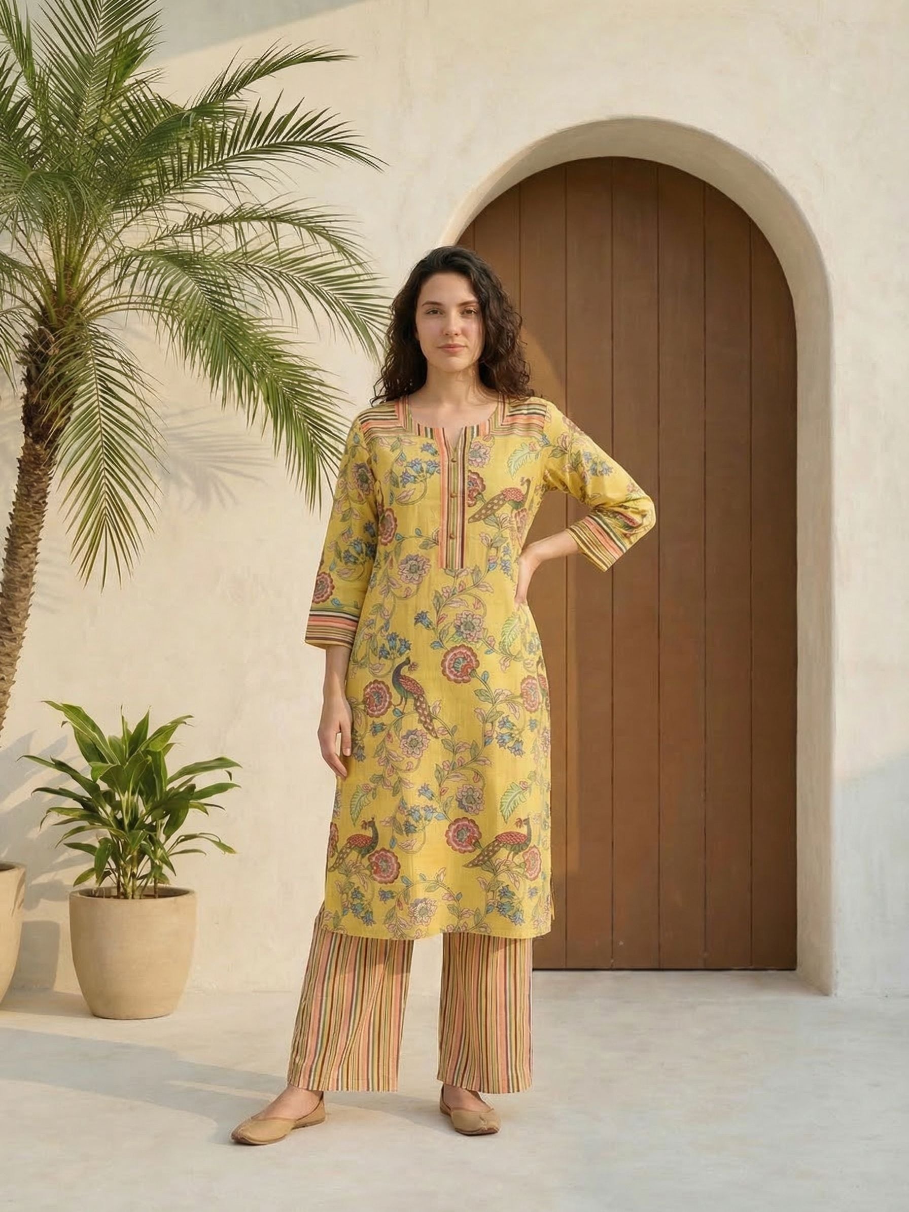 Women floral printed cotton kurta with trousers