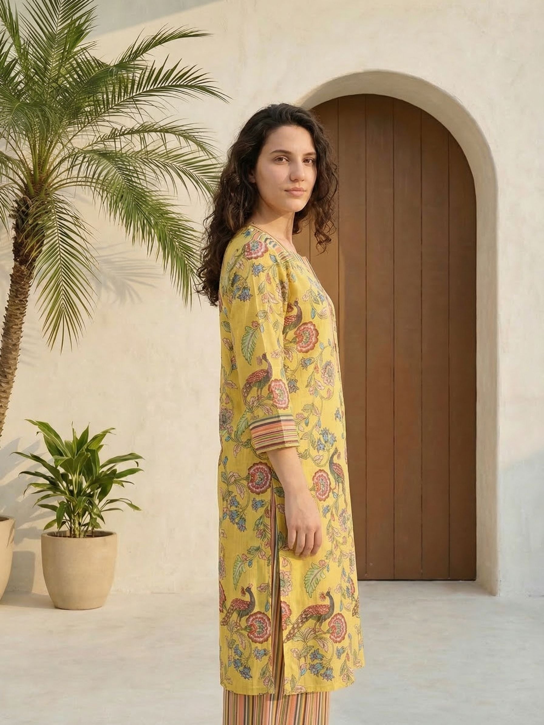 Women floral printed cotton kurta with trousers