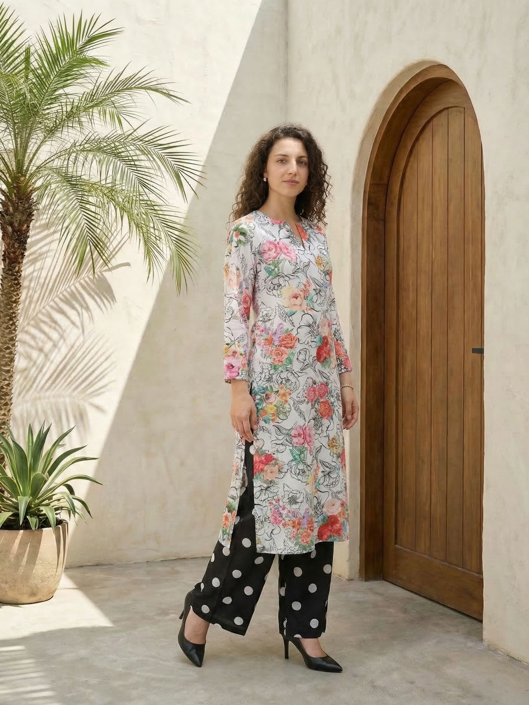 Women floral printed cotton kurta with trousers