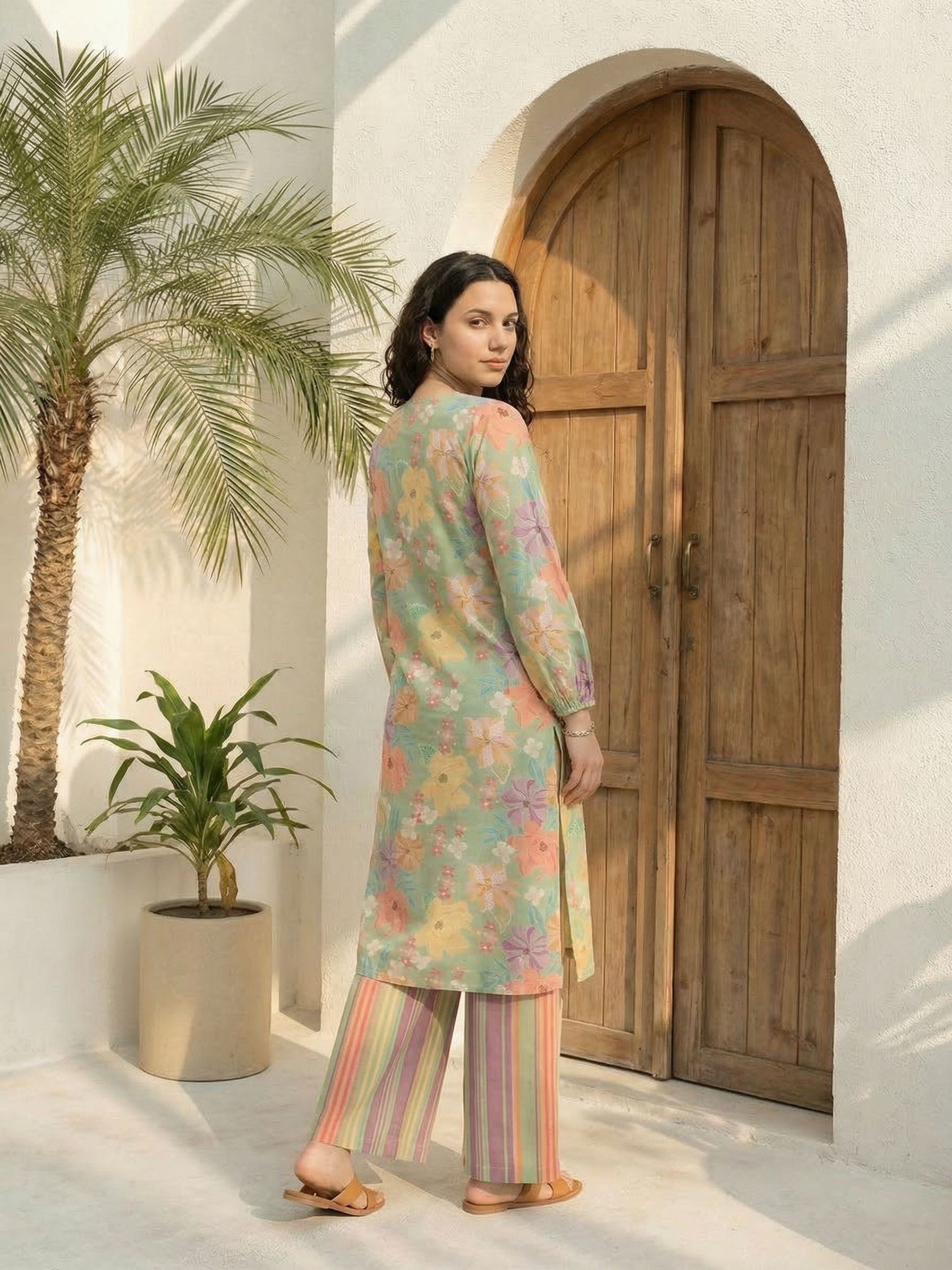 Women floral printed cotton kurta with trousers