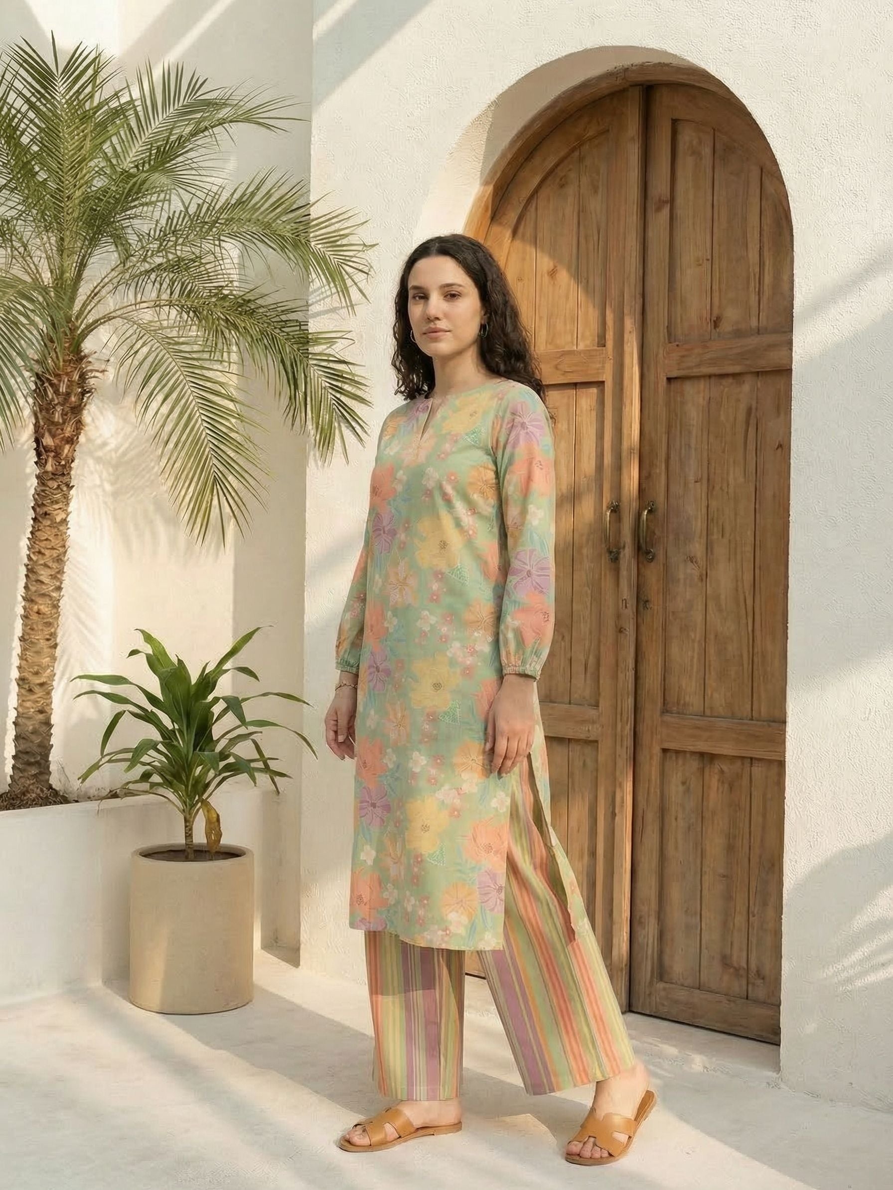 Women floral printed cotton kurta with trousers