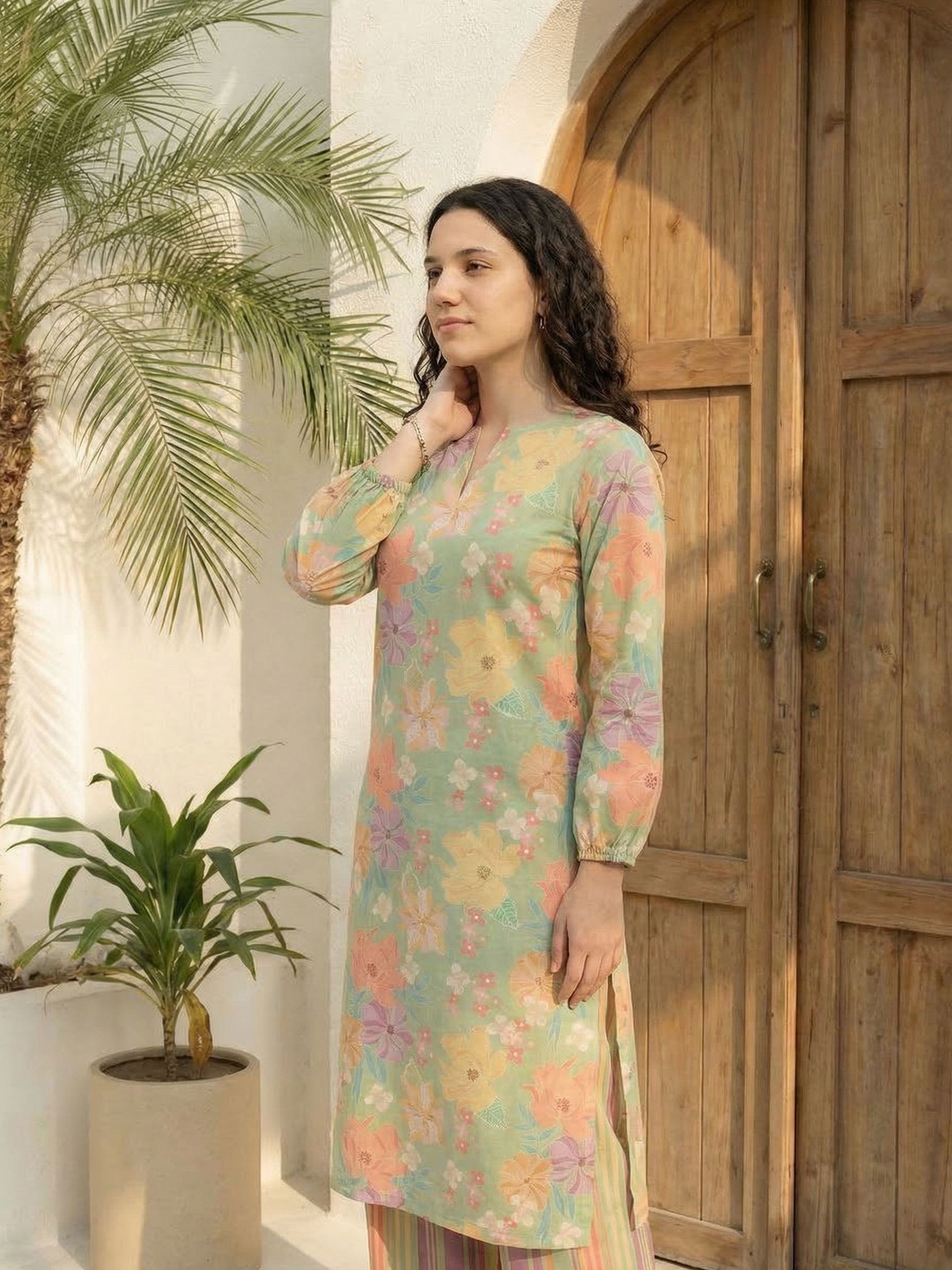 Women floral printed cotton kurta with trousers