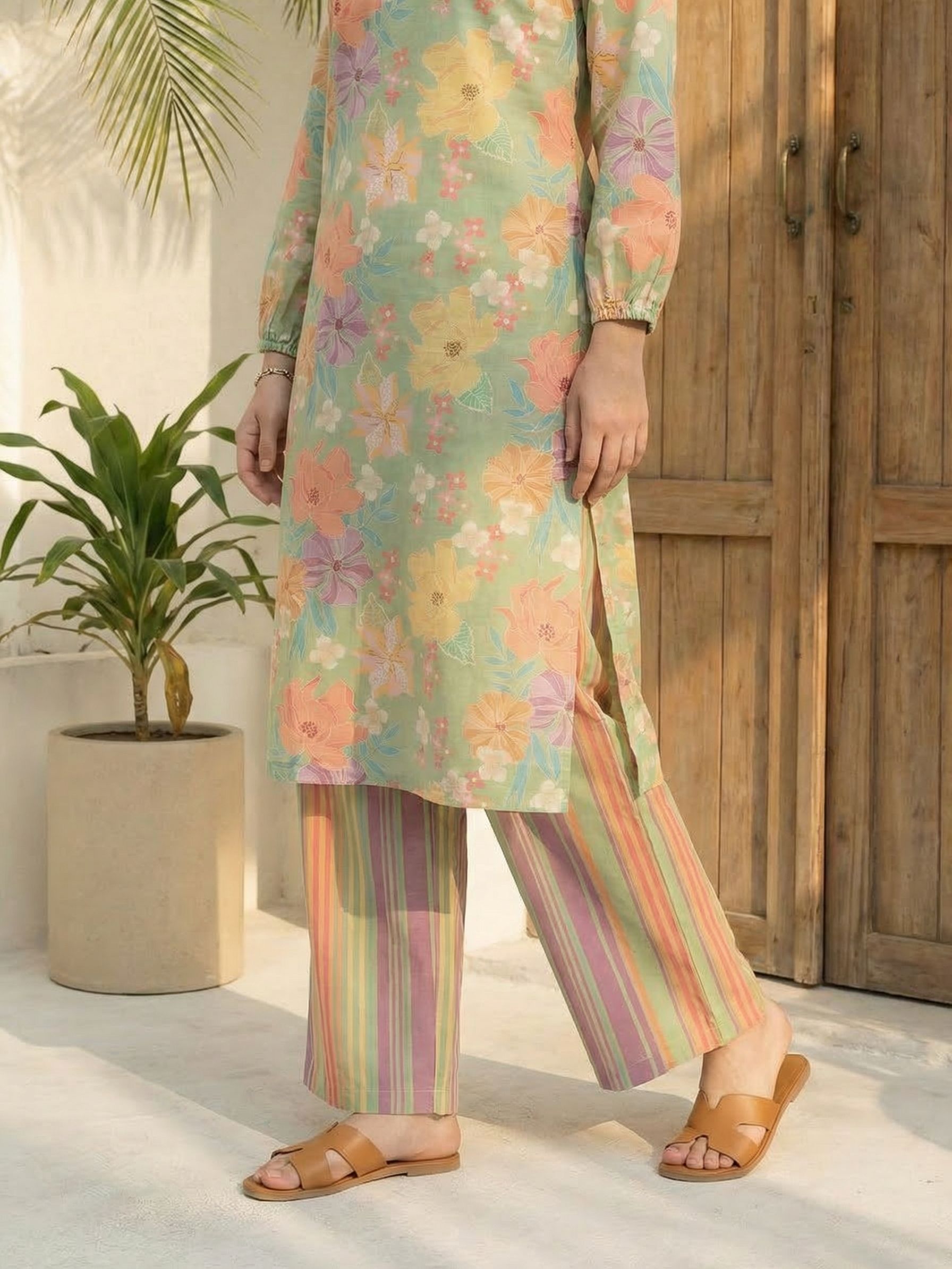 Women floral printed cotton kurta with trousers